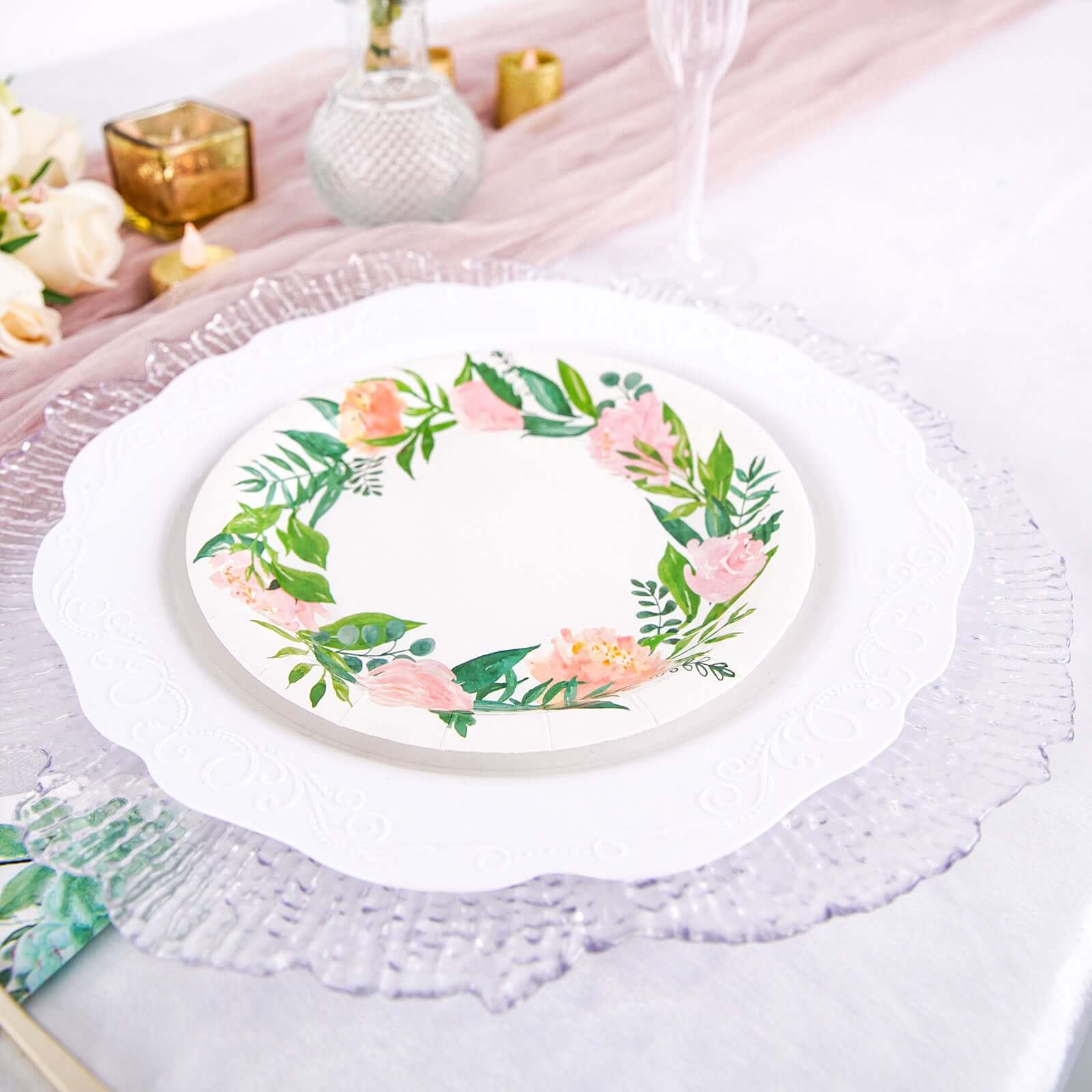 25-Pack Paper 7 Round Dessert Plates in White with Rose/Peony Flower Wreath - Disposable Appetizer Salad Plates for Special Occasions & Gatherings