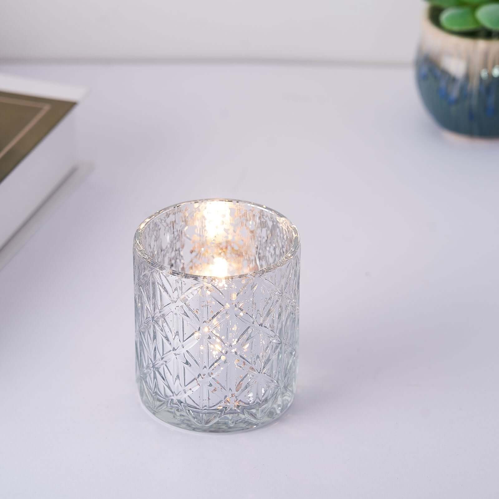 6-Pack Mercury Glass Candle Holders Shiny Silver with Geometric Design - Votive Tealight Holders 3