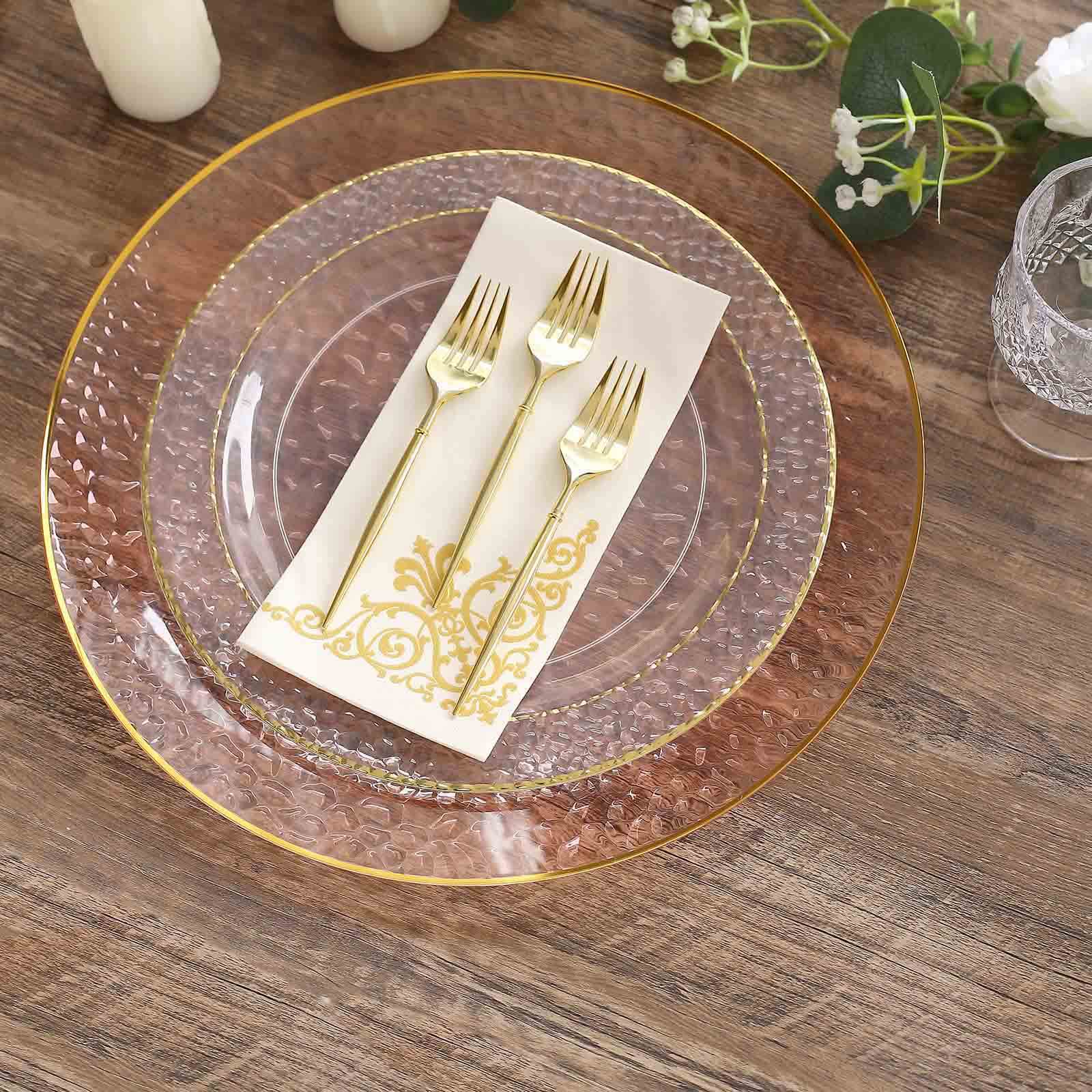 10 Pack Economy Plastic Round Charger Plates 13 in Transparent Blush Hammered Design with Gold Rim, Decorative Dinner Party Serving Plates