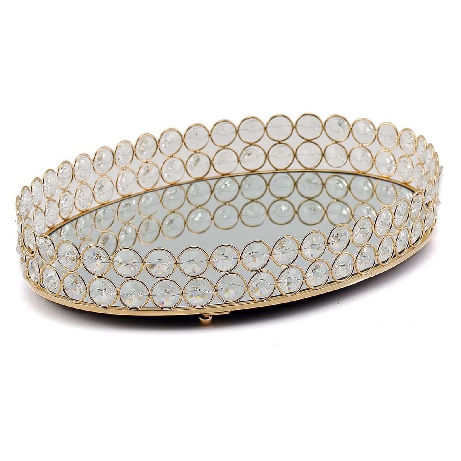 Metal Mirrored Oval Serving Tray 12x8 in Gold with Crystal Beads, Glamorous Decorative Vanity Tray Centerpiece