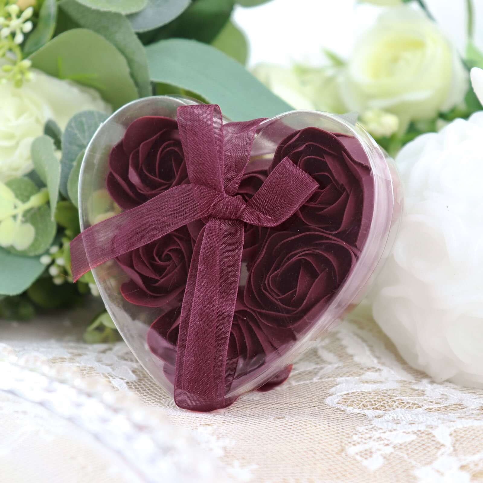 4 Pack 24 Pcs Burgundy Scented Rose Soap Heart Shaped Party Favors With Gift Boxes And Ribbon