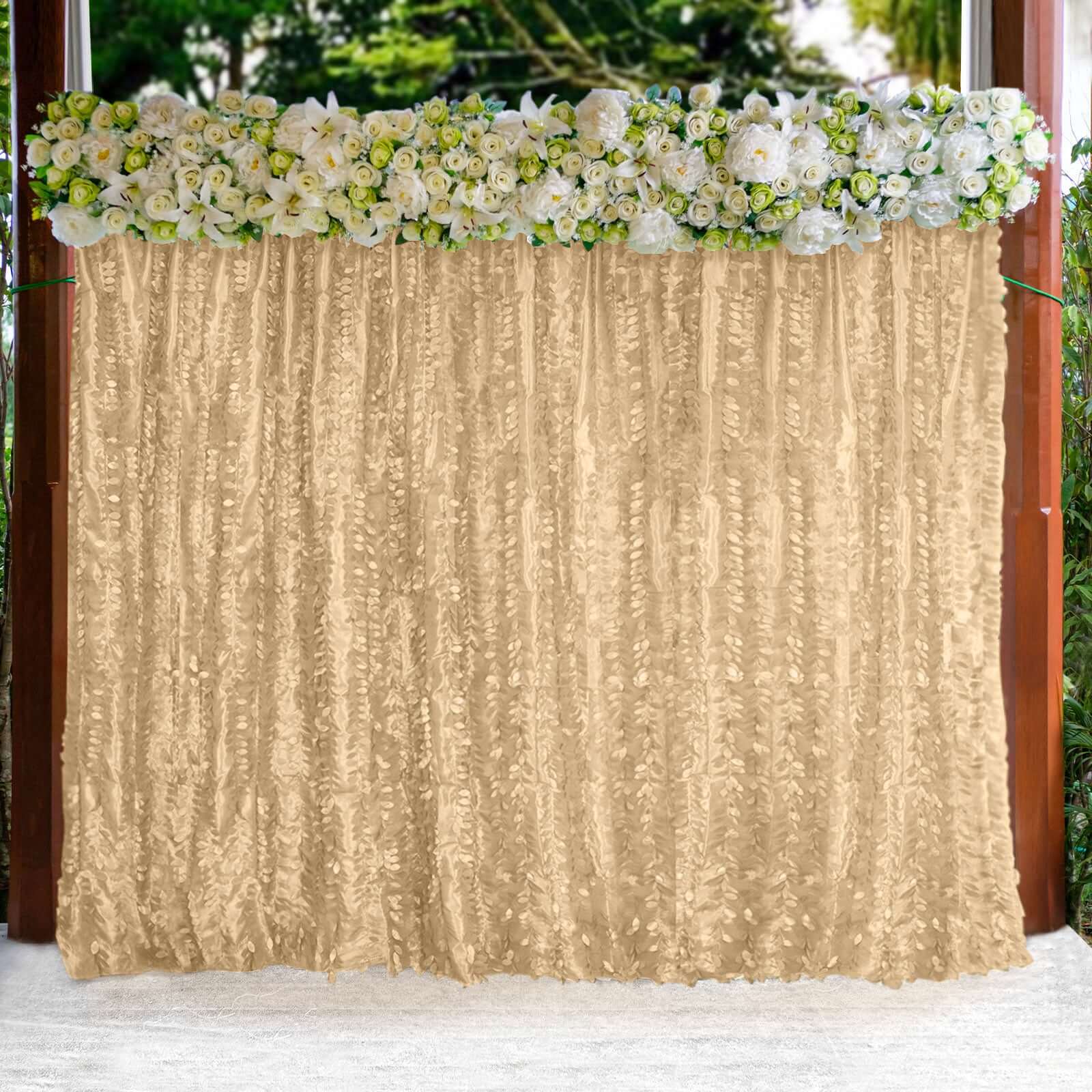 8ftx8ft Champagne 3D Leaf Petal Taffeta Event Curtain Drapes, Backdrop Event Panel With Rod Pocket