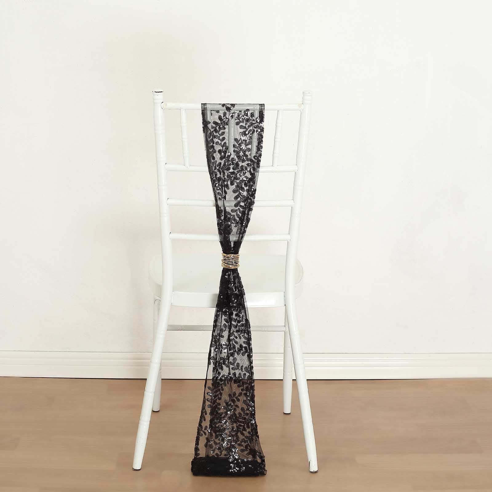 5 Pack Tulle Chair Sashes with Leaf Vine Embroidered Sequins Black 6x88