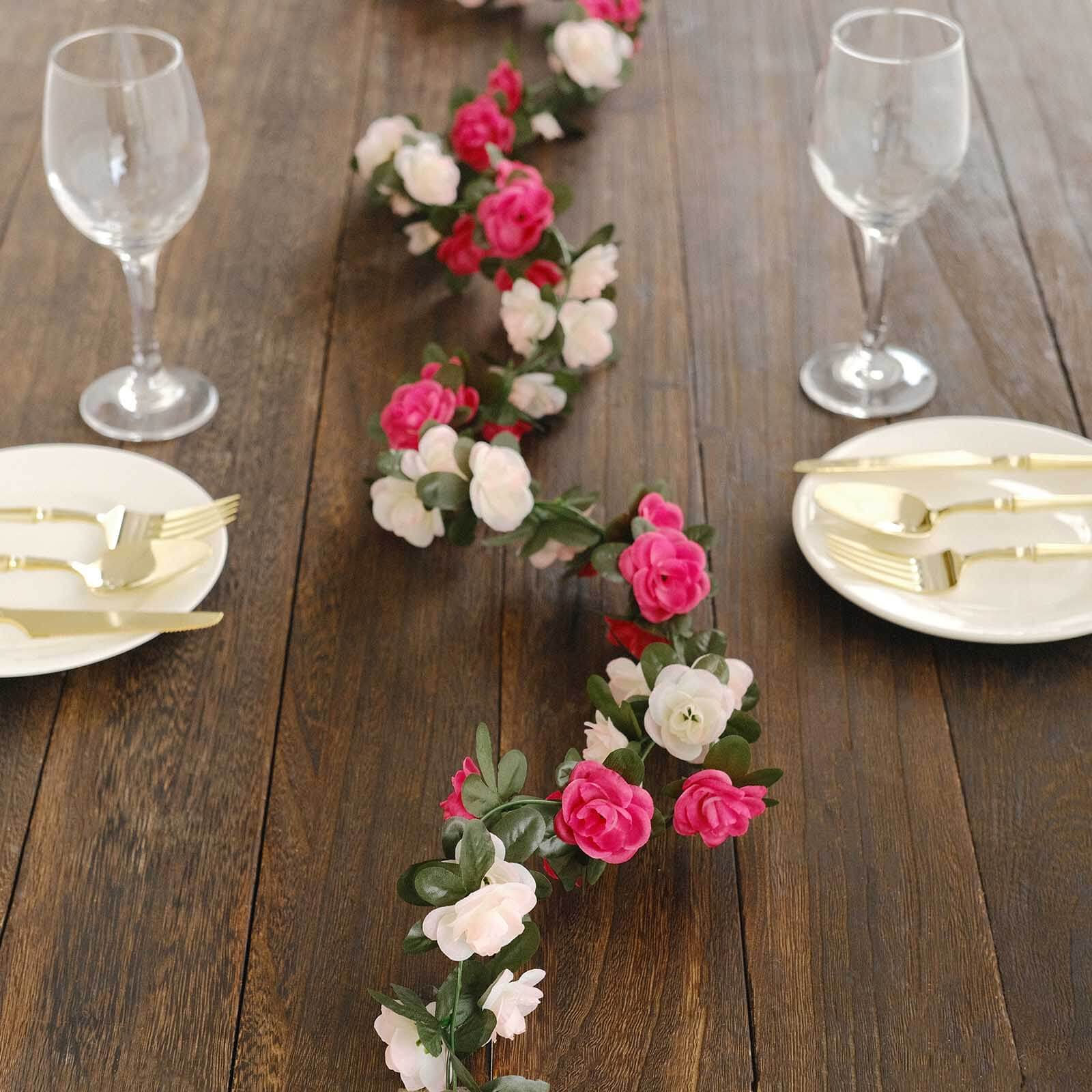 2 Pack 8ft Blush Fuchsia Artificial Silk Flower Garland Mini Rose Vines with 45 Flower Heads