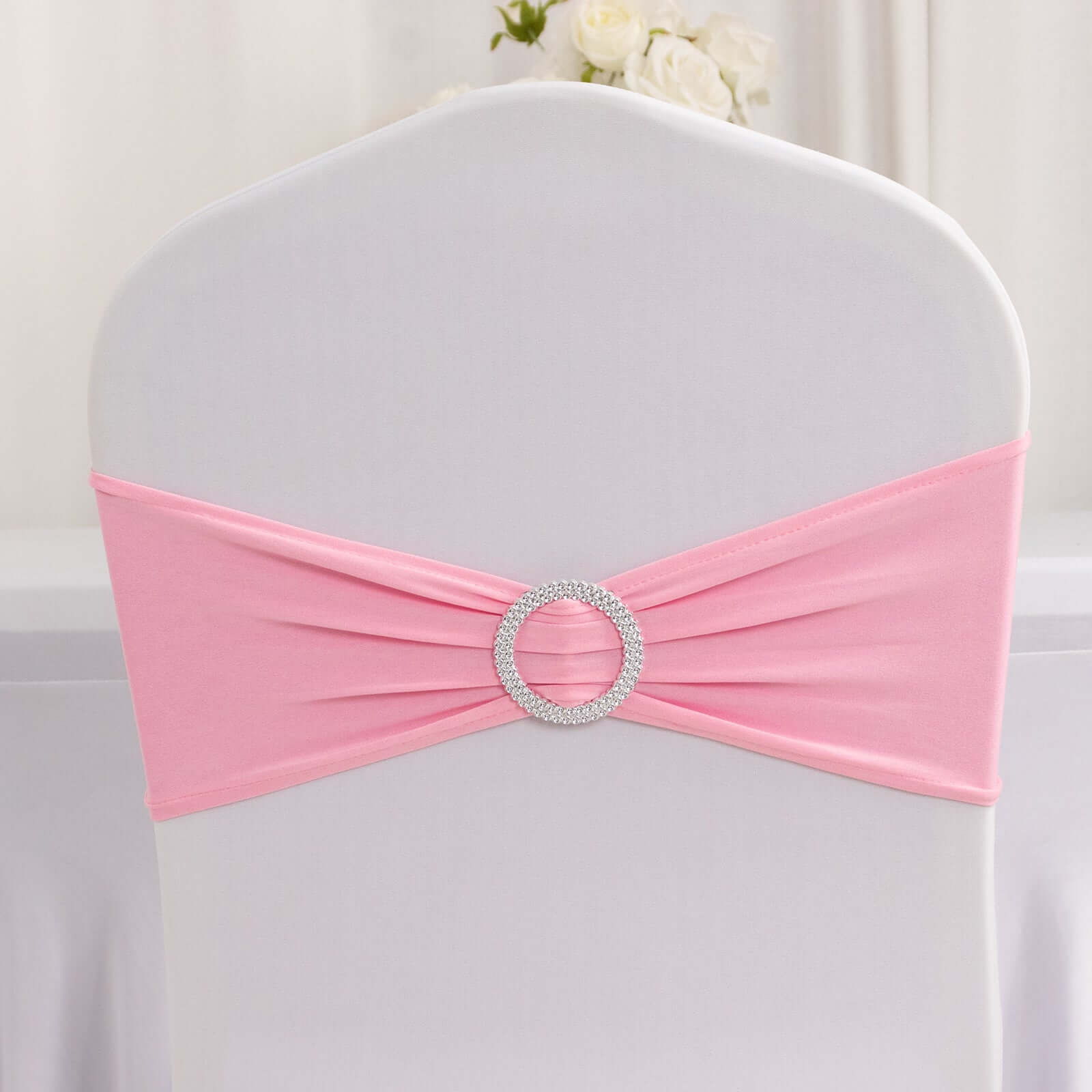 5 Pack Stretch Spandex Chair Sashes Pink - Reusable Chair Bands with Silver Diamond Ring Slide Buckle 5x14