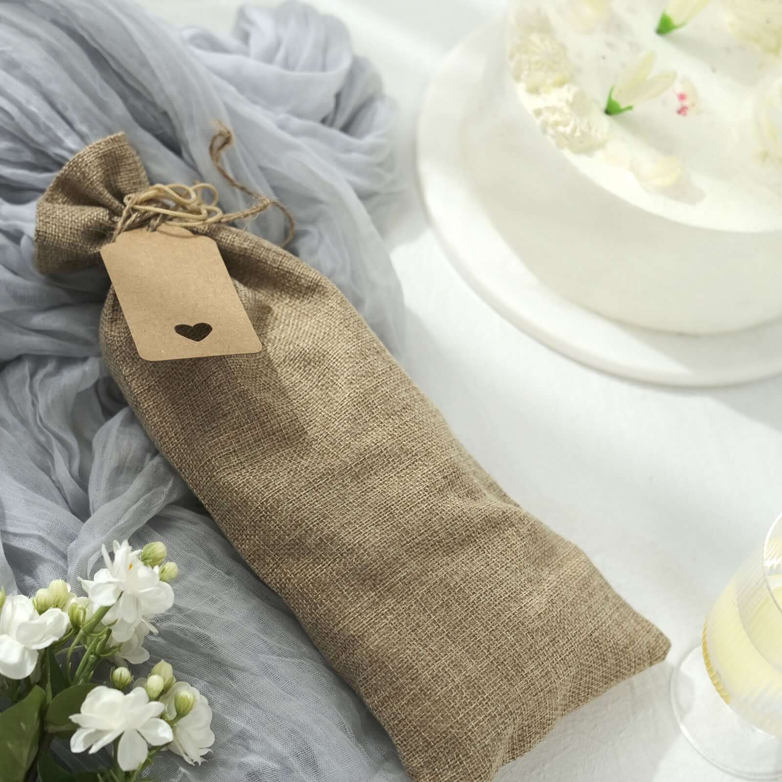 10 Pack Natural Faux Burlap 6x14 Reusable Wine Gift Favor Bags Party, Wedding Wine Bottle Covers With Drawstring, Tags and Jute Rope