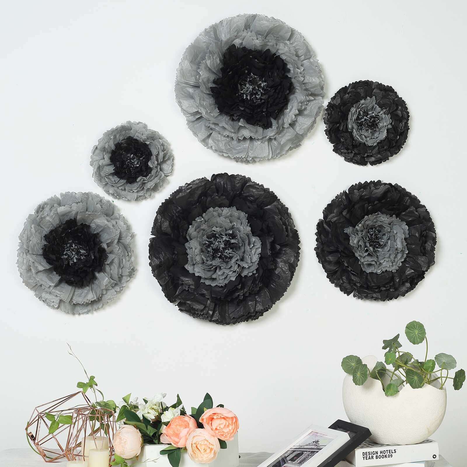 Set of 6 Charcoal Gray Giant Carnation 3D Paper Flowers Wall Decor - 12,16,20