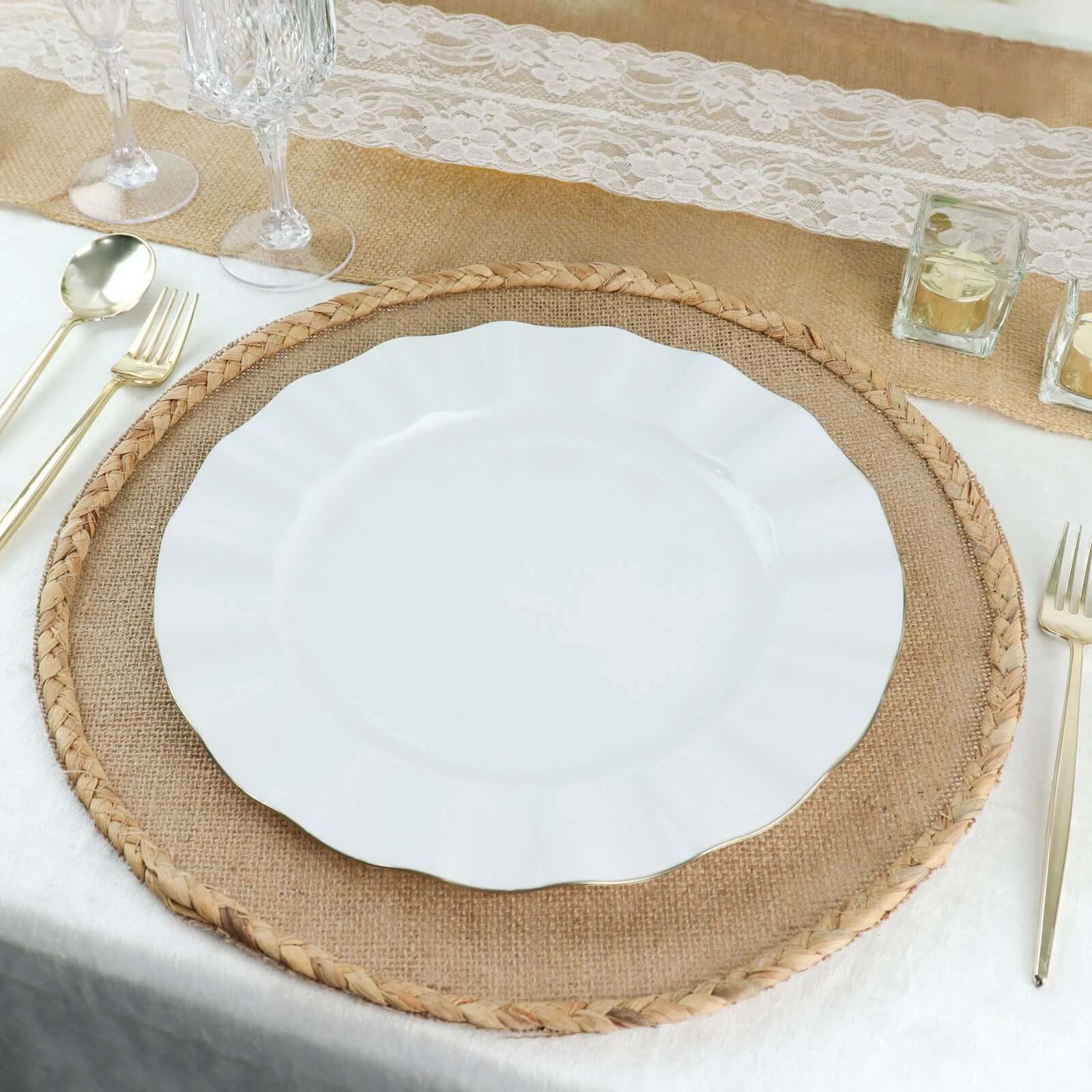 10-Pack Plastic 11 Round Dinner Plates in White Ruffled Rim with Gold Edging - Sturdy Disposable Dinnerware for Classy Events & Banquets