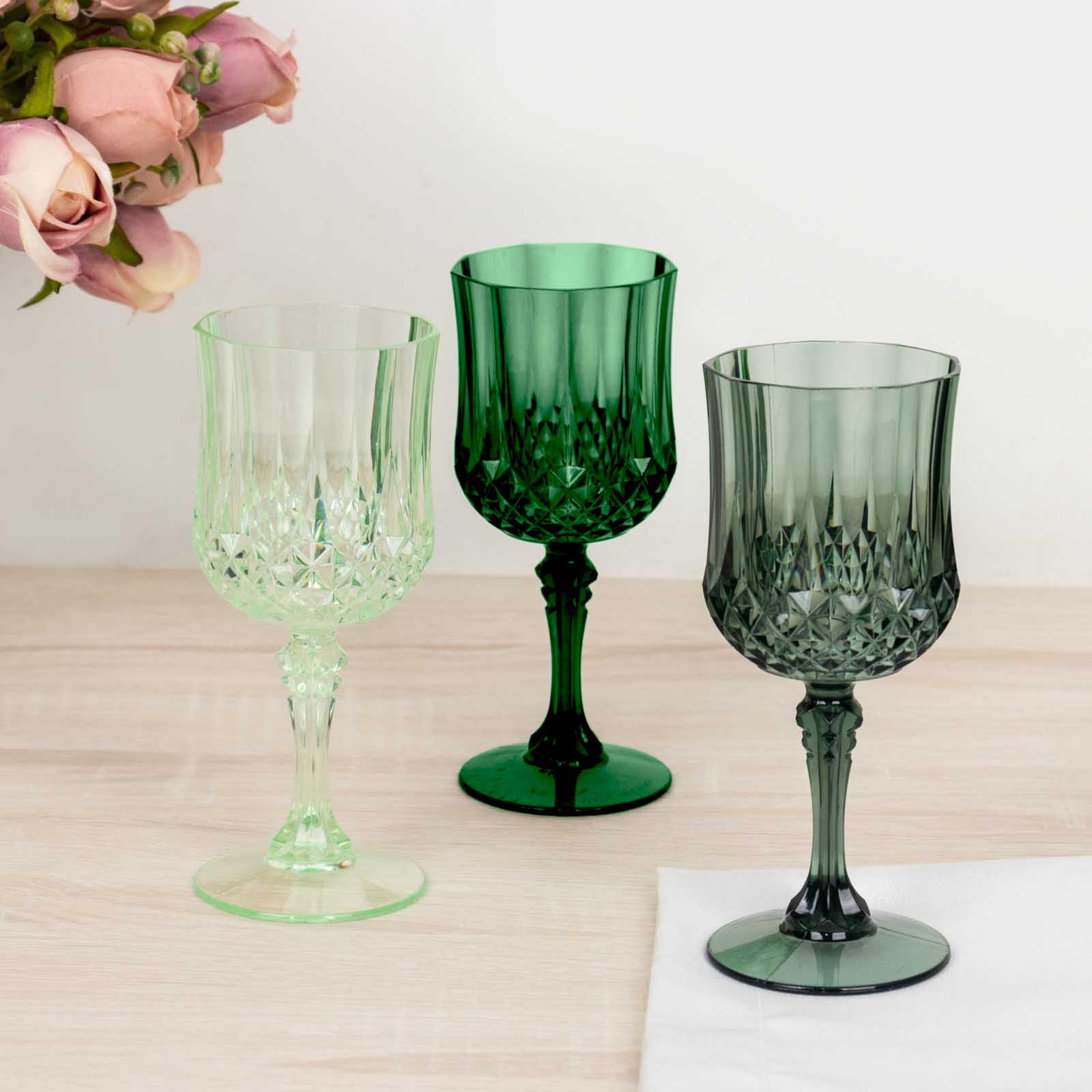 12-Pack Plastic Cocktail Goblets Assorted Green Transparent Crystal Cut - Shatterproof Drinkware 8oz