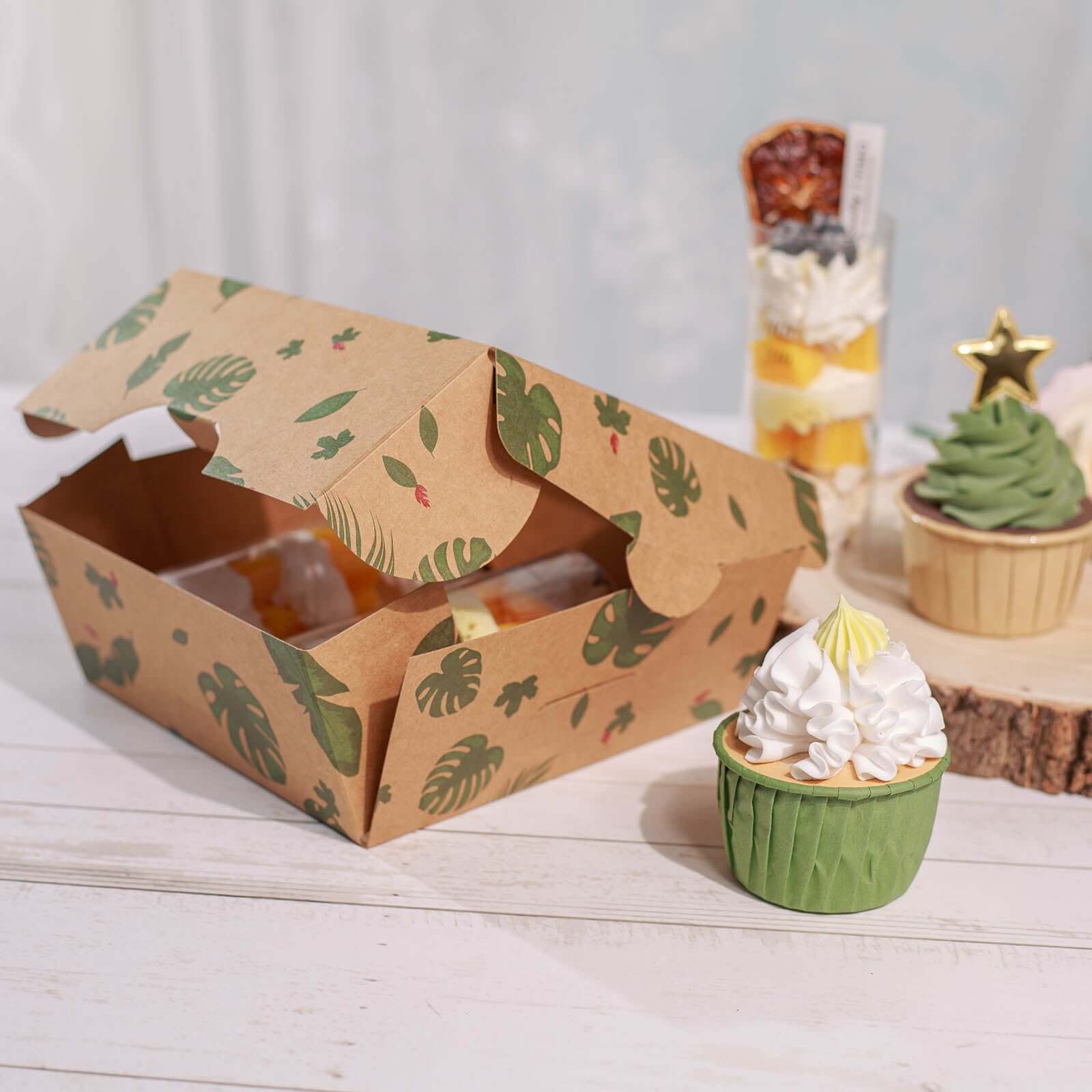 12-Pack Cardstock Cookie Boxes with Display Window - Tropical Leaf Design Disposable Treat Bakery Boxes for Donuts Cupcakes Strawberries & Pastries 6x6x3