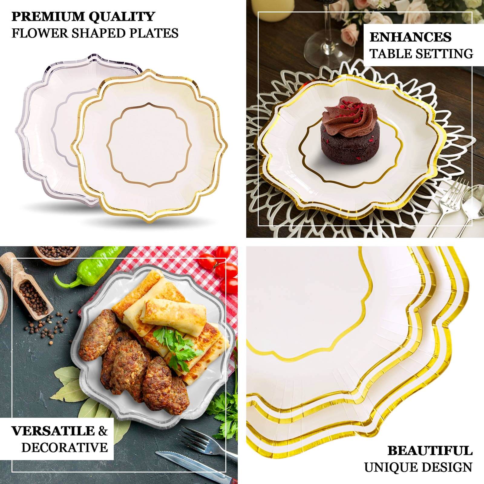 25-Pack Paper Dessert Plates in White with Silver Scallop Rim - Disposable 300GSM Appetizer Salad Plates 8