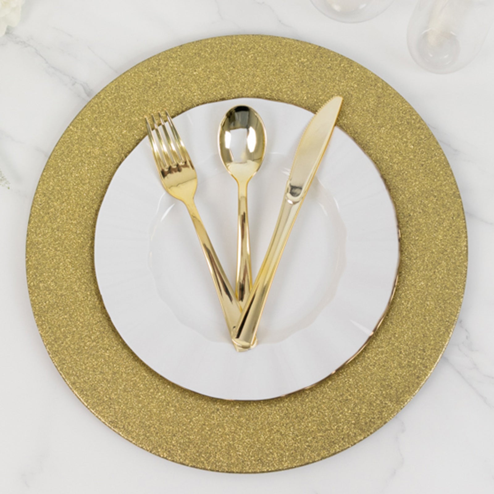 6-Pack Acrylic Plastic Round Charger Plates 13 in Gold with Dust Free Glitter Finish, Decorative Dinner Party Charger Tableware