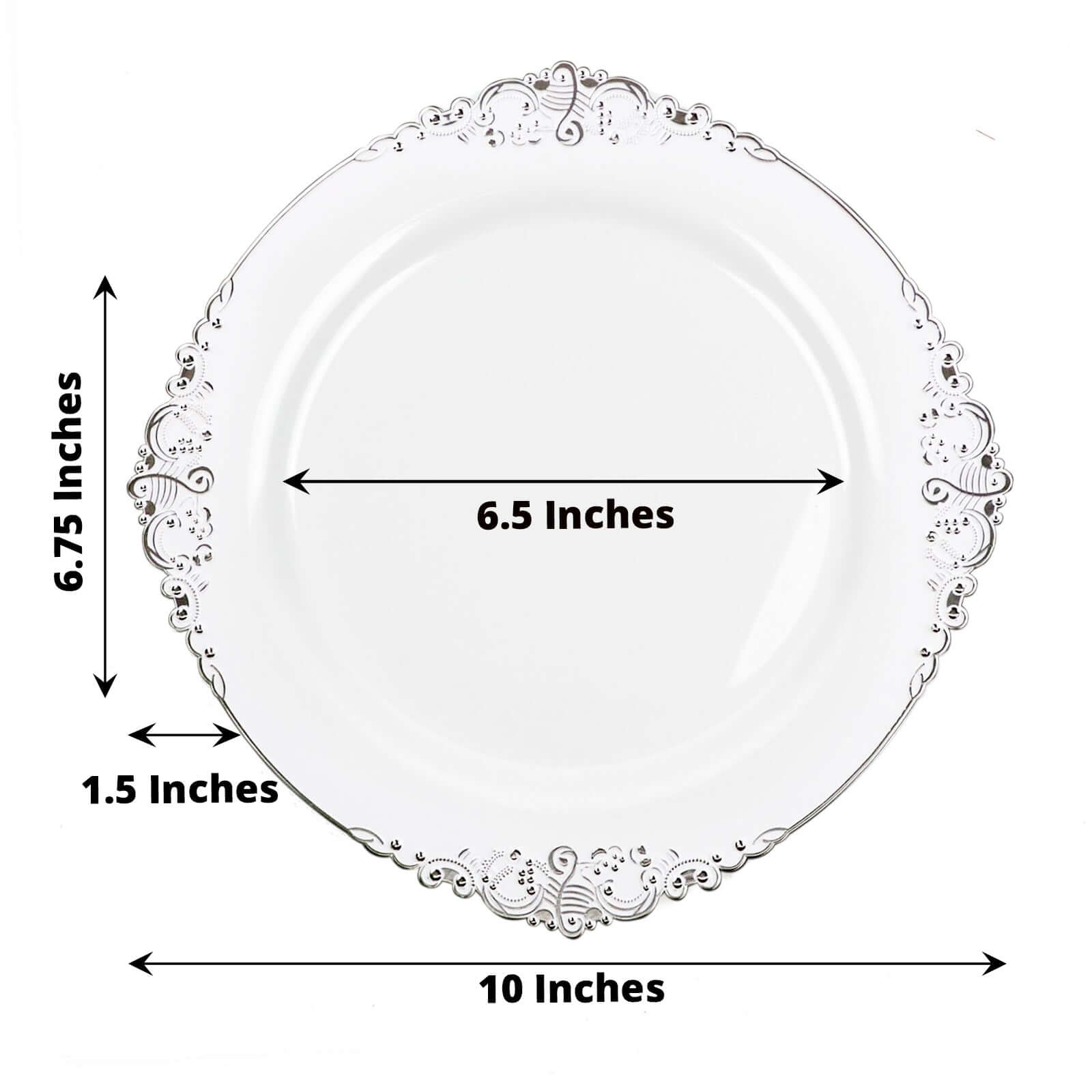 10-Pack Plastic 10 Round Dinner Plates in White with Silver Leaf Embossed Rim - Disposable Vintage Baroque Style Plates