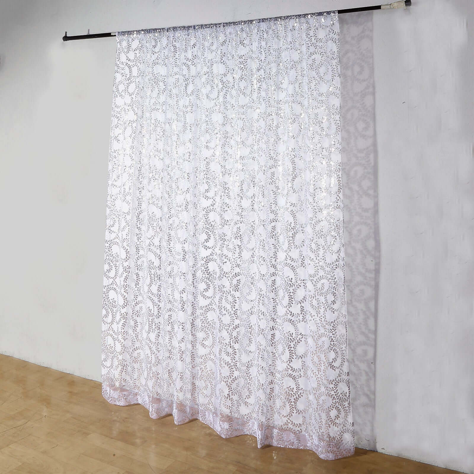 8ftx8ft Silver Embroider Sequin Event Curtain Drapes, Sparkly Sheer Backdrop Event Panel With Embroidery Leaf