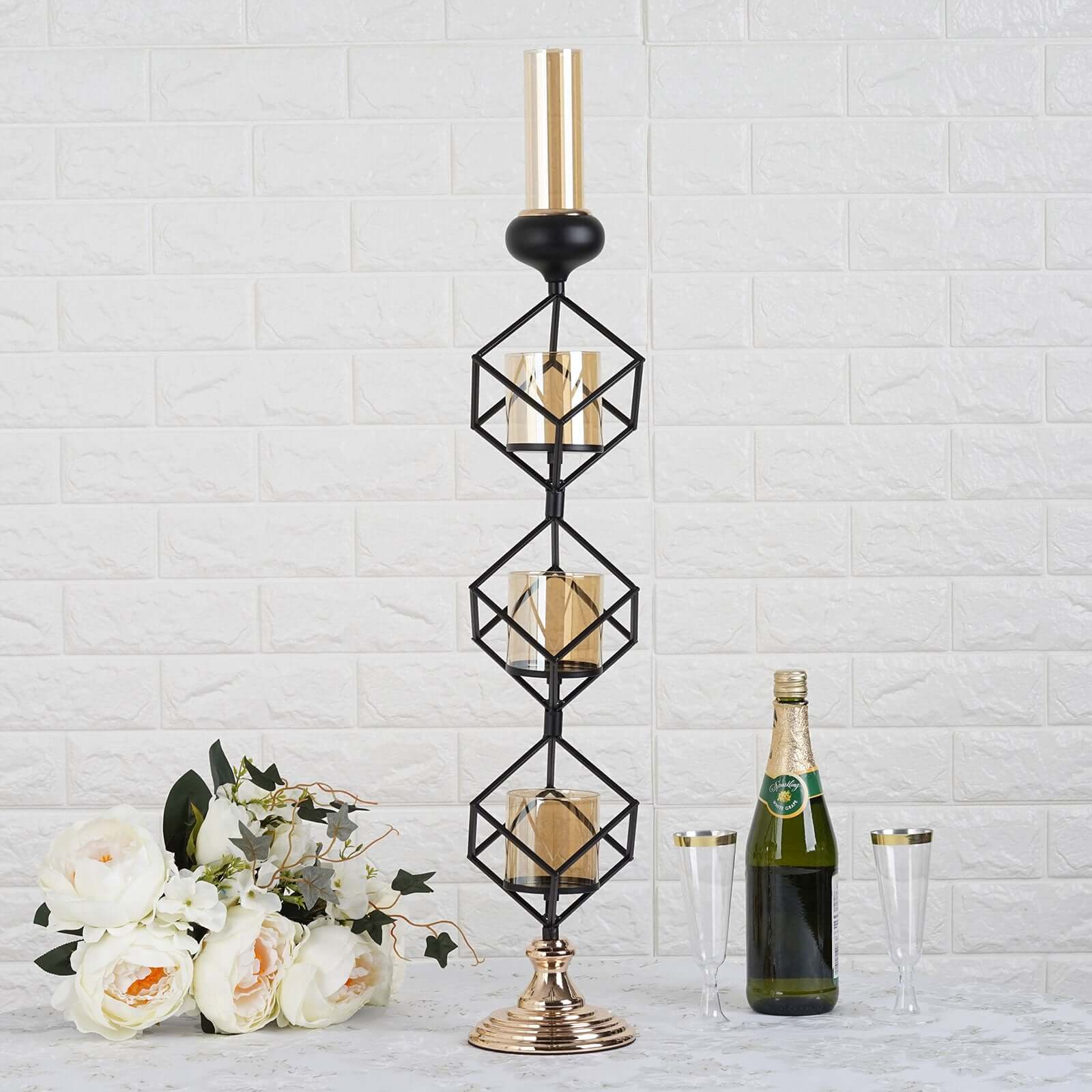 3-Tier Candle Holder Black Geometric Design with Amber Glass Votives & Gold Trim - Modern Decor for Weddings 28 Tall