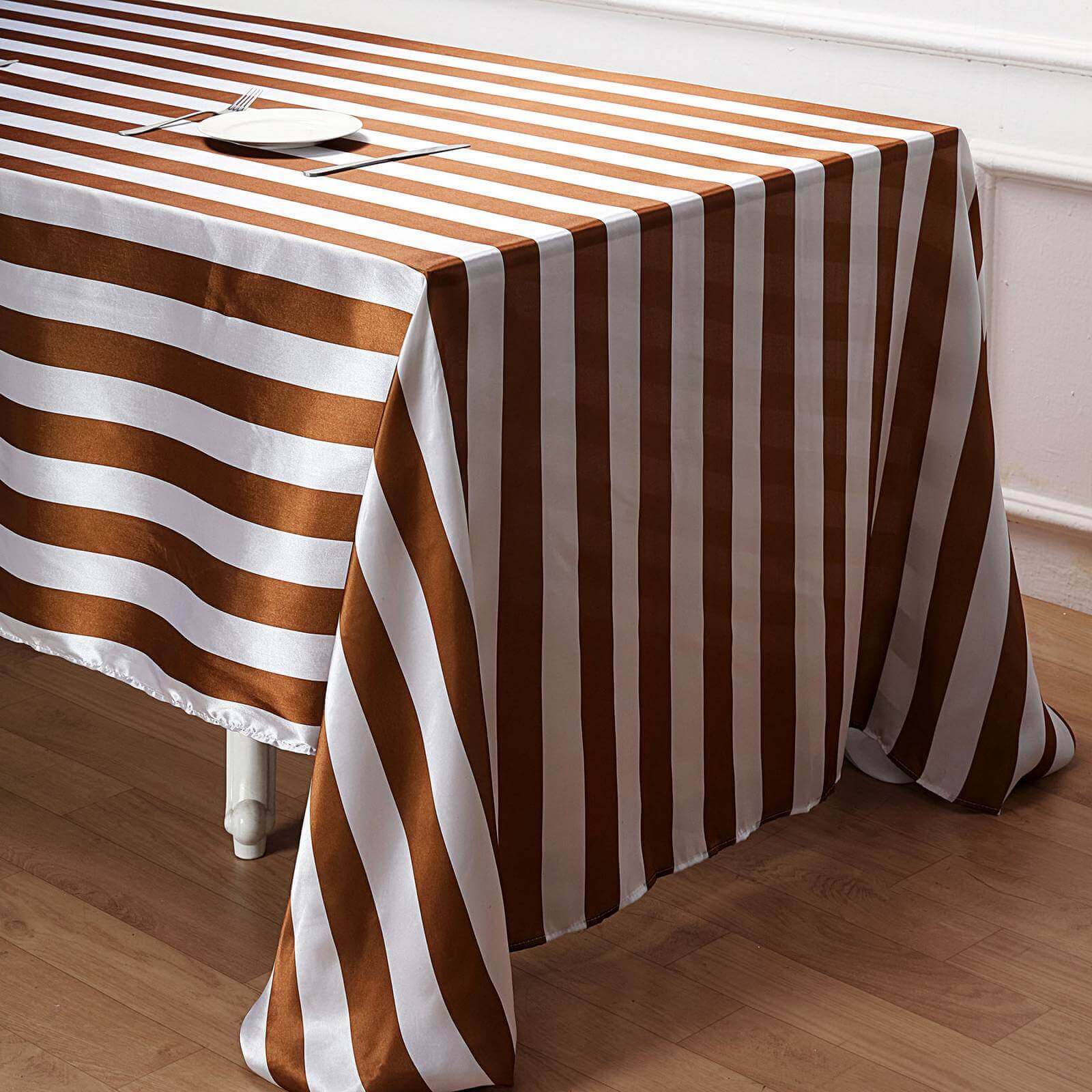 Satin 90x156 Rectangle Tablecloth Gold/White - Stripe Design with Seamless Finish Table Cover