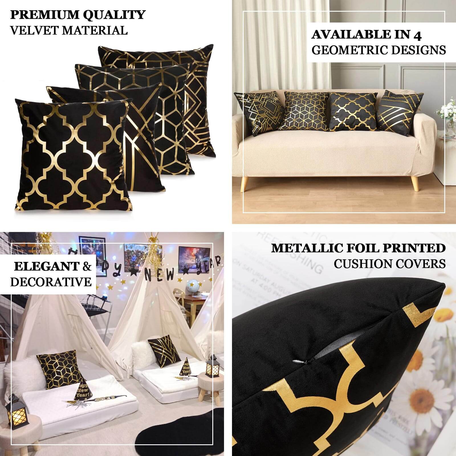 Set Of 4 18 Black Gold Foil Geometric Print Throw Pillow Covers, Velvet Square Sofa Cushion Covers