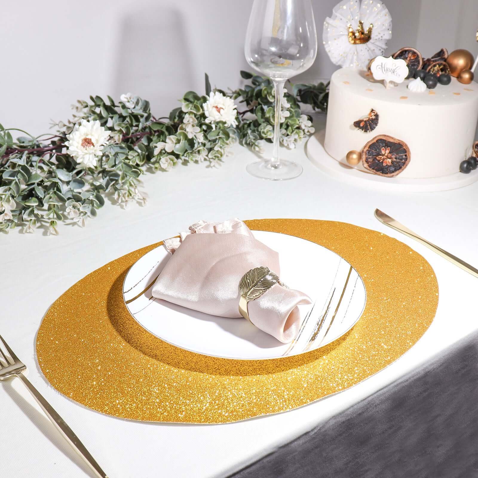 6-Pack Placemats Glitter Design Gold Sparkle Oval - Non-Slip Decorative Table Mats for Dining 12x18