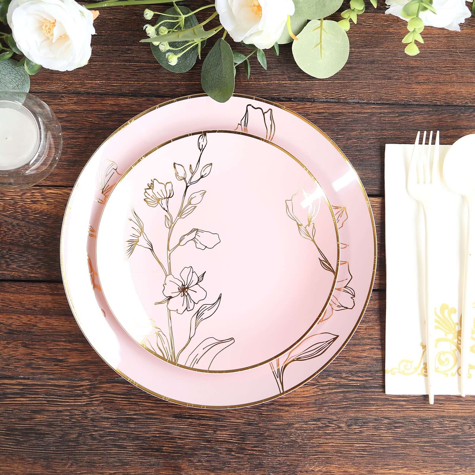 Set of 20 Plastic Round Dinner and Dessert Plates in Dusty Rose with Metallic Gold Floral Design - Stylish Disposable Dinnerware 8, 10