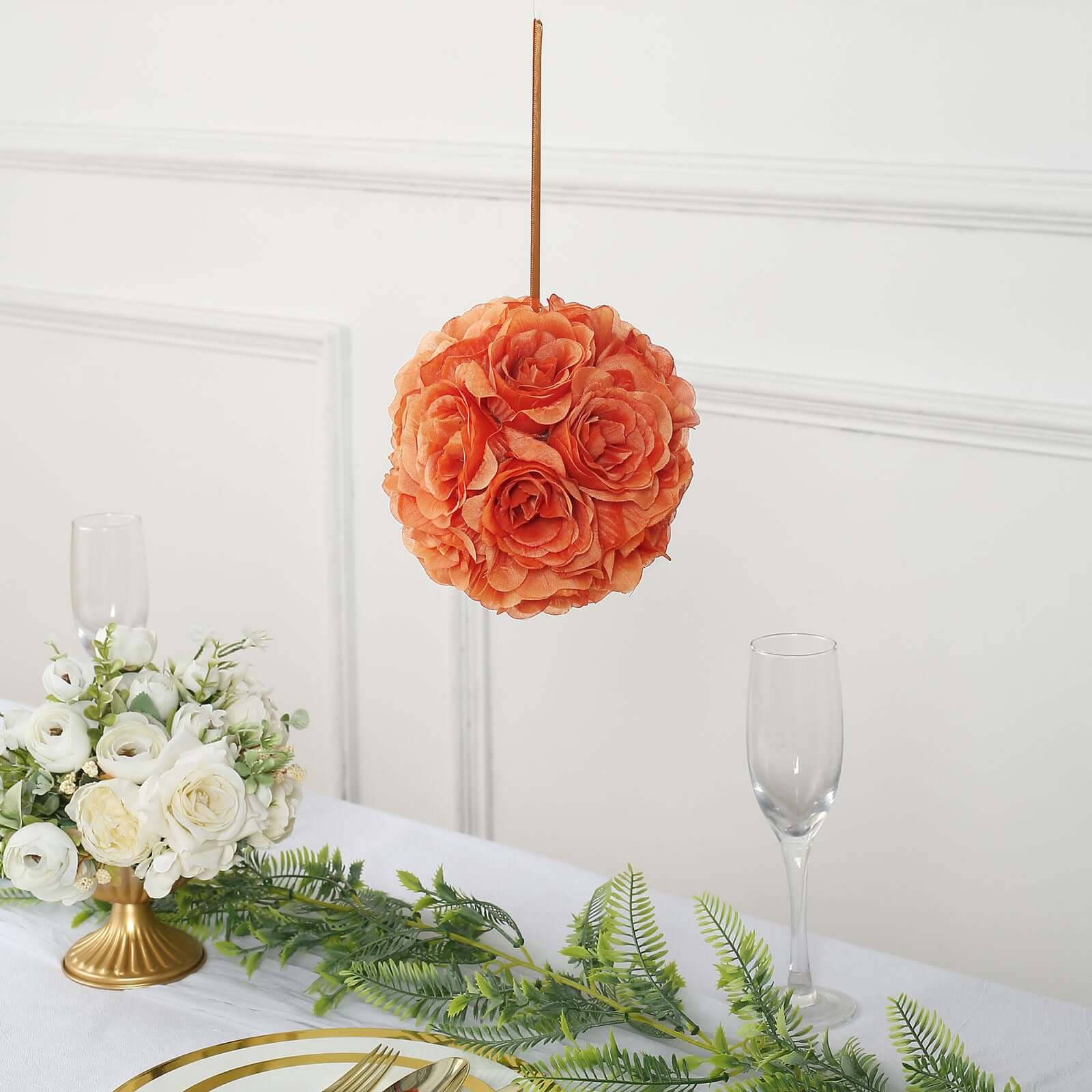 2 Pack 7 Terracotta (Rust) Artificial Silk Rose Kissing Ball, Faux Flower Ball