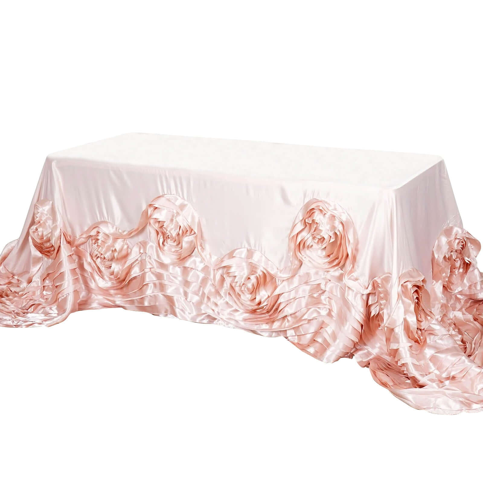 90x156 Blush Seamless Large Rosette Rectangular Satin Tablecloth for 8 Foot Table With Floor-Length Drop