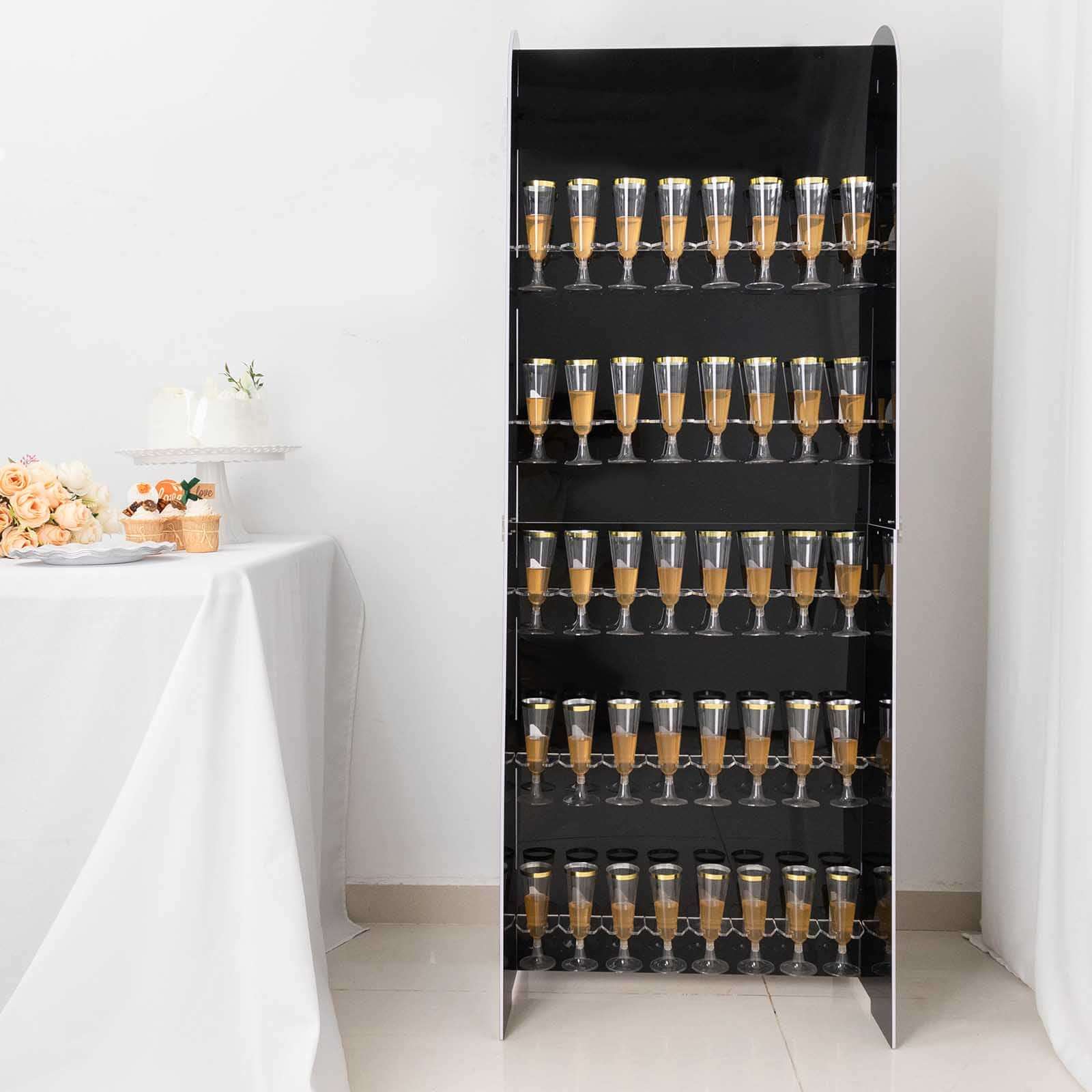 5-Tier Champagne Wall Glass Holder in Glossy Black, 40 Stemware Rack Cocktail Display Drink Organizer for Classy Events & Banquets 5ft