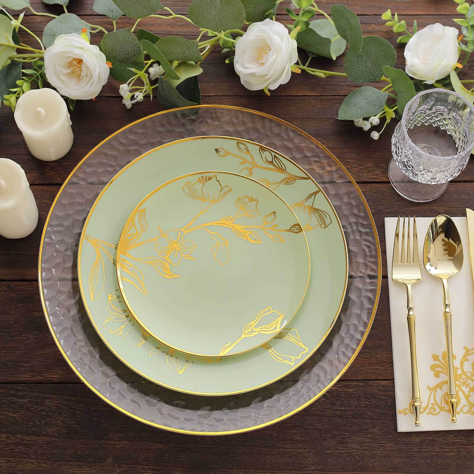 Set of 20 Plastic Round Dinner and Dessert Plates in Sage Green with Metallic Gold Floral Design - Stylish Disposable Dinnerware 8, 10