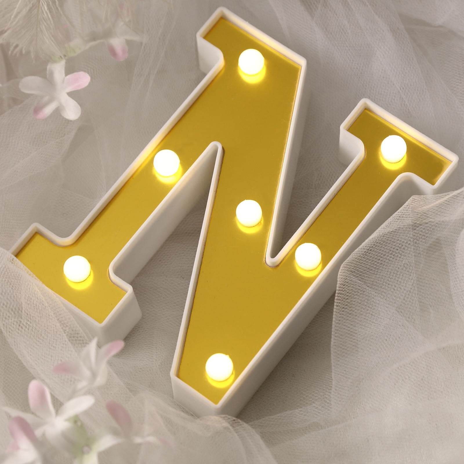 3D Marquee Letter N Warm White 7 LED Lights Gold - Chic Light-Up Decor for Events 6