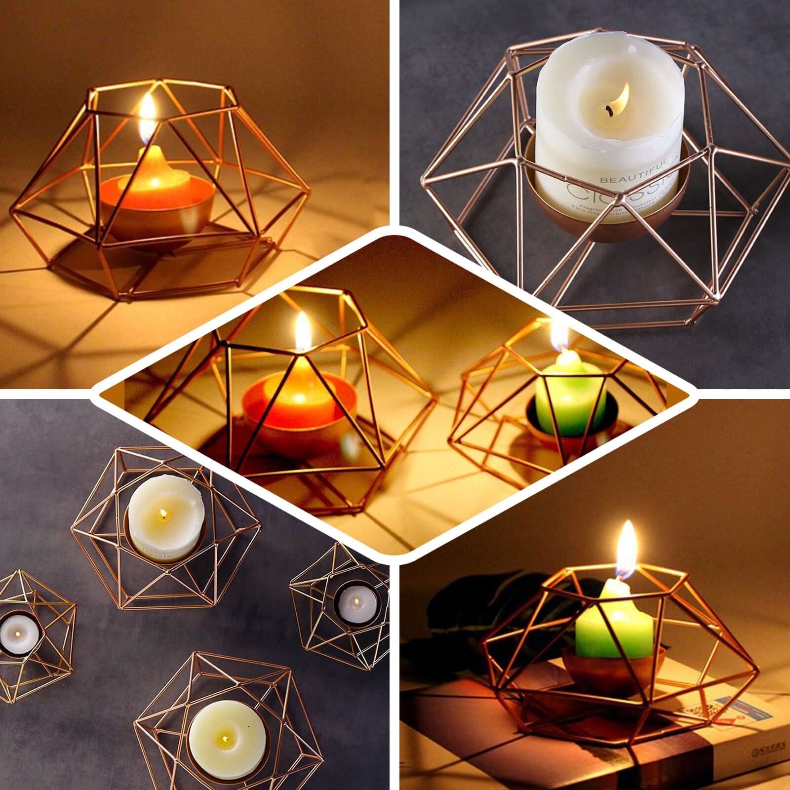 Set of 2 Candle Holders Metal Hexagon Geometric Design Gold - Modern Decorative Centerpieces for Tables 4x3