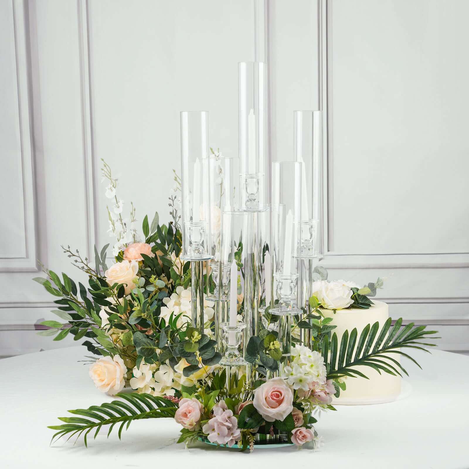 7-Arm Round Taper Crystal Candelabra with Mirror Base Clear - Lustrous Candle Holder Table Centerpiece for Votive & Pillar Candles 33