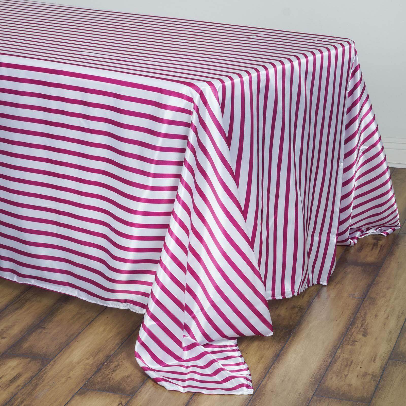 Satin 90x132 Rectangle Tablecloth White/Fuchsia - Stripe Design with Smooth Finish Table Cover