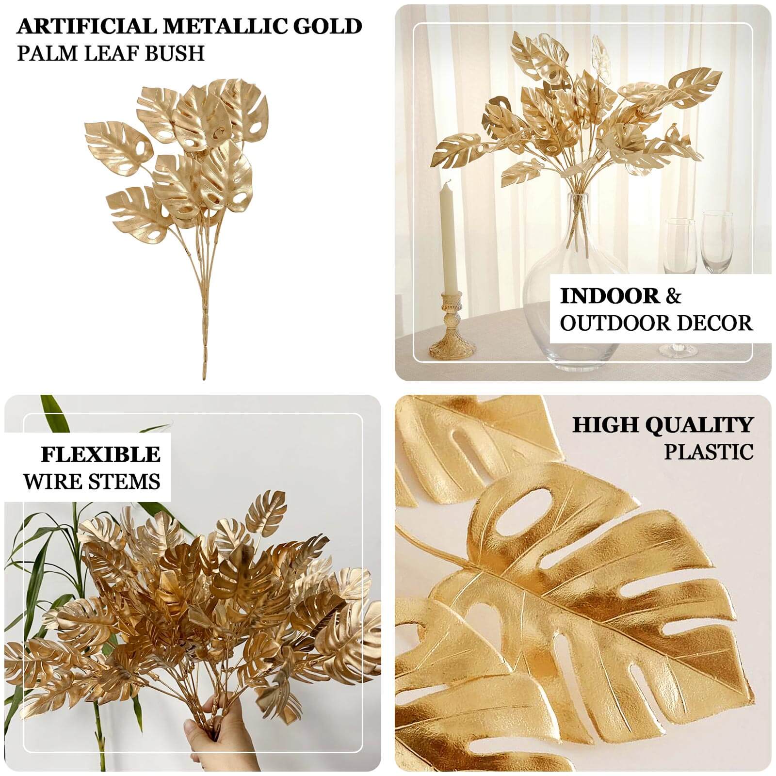 4-Pack Artificial Monstera Leaves Bushes Metallic Gold - Chic Faux Palm Leaf Decor Vase Filler for Hawaiian Jungle Tropical Themed Weddings Parties & Events 14