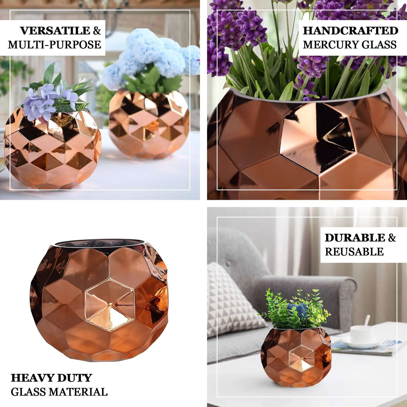 2-Pack Mercury Glass Vases Honeycomb Design Rose Gold - Stylish Geometric Wedding Centerpieces 6