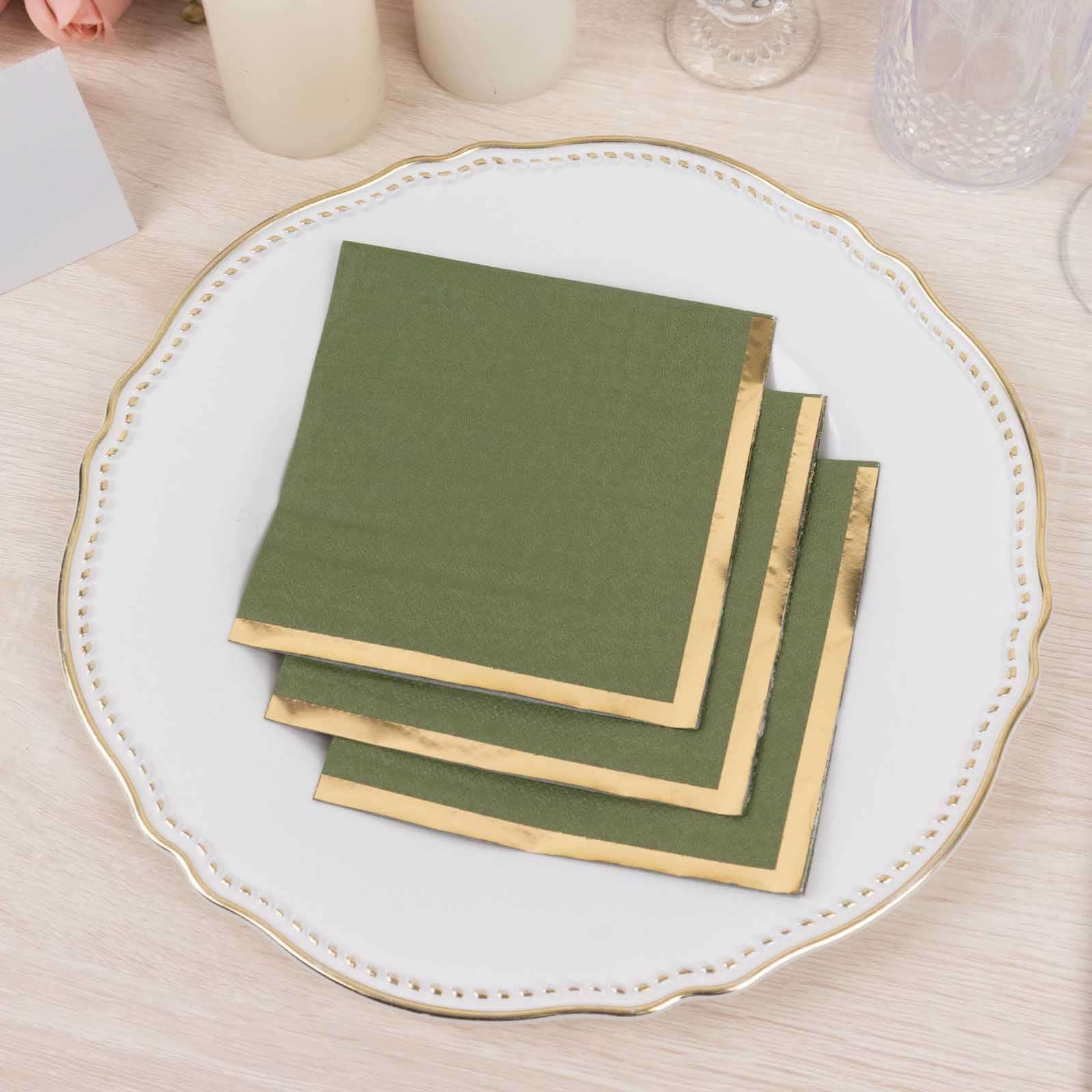 50-Pack Paper Beverage Napkins Olive Green with Gold Foil Edge - 2 Ply Disposable Soft 18GSM Cocktail Napkins 5x5