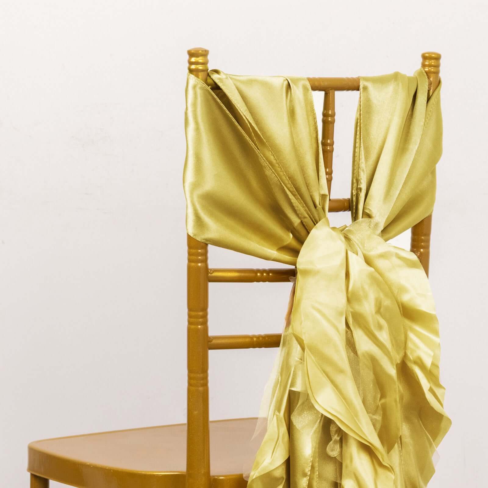 5 Pack Chiffon Satin Chair Sashes Champagne - Easy to Install Ruffled Curly Willow