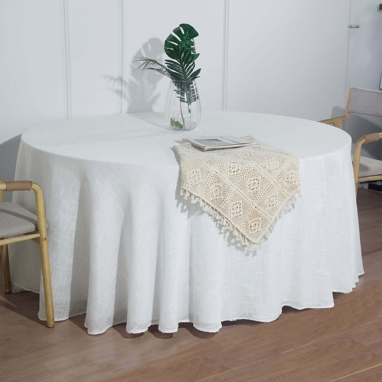 Faux Linen 120 Round Tablecloth White - Modern Slubby Texture with Wrinkle-Resistant Appeal Seamless Table Cover