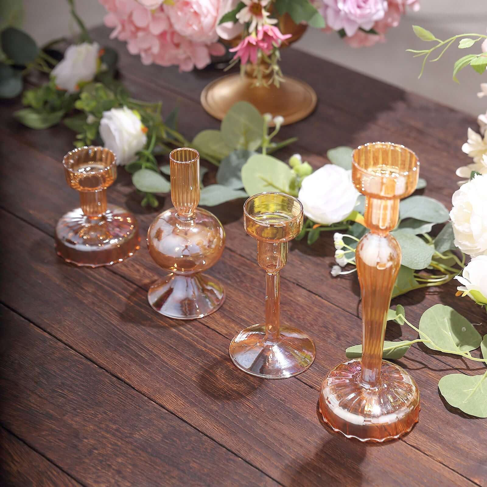 Set of 4 Glass Taper Votive Candle Holders Lined Crystal Design Assorted Amber Gold - Tea Light Stand Set 4, 5.5, 6, 9