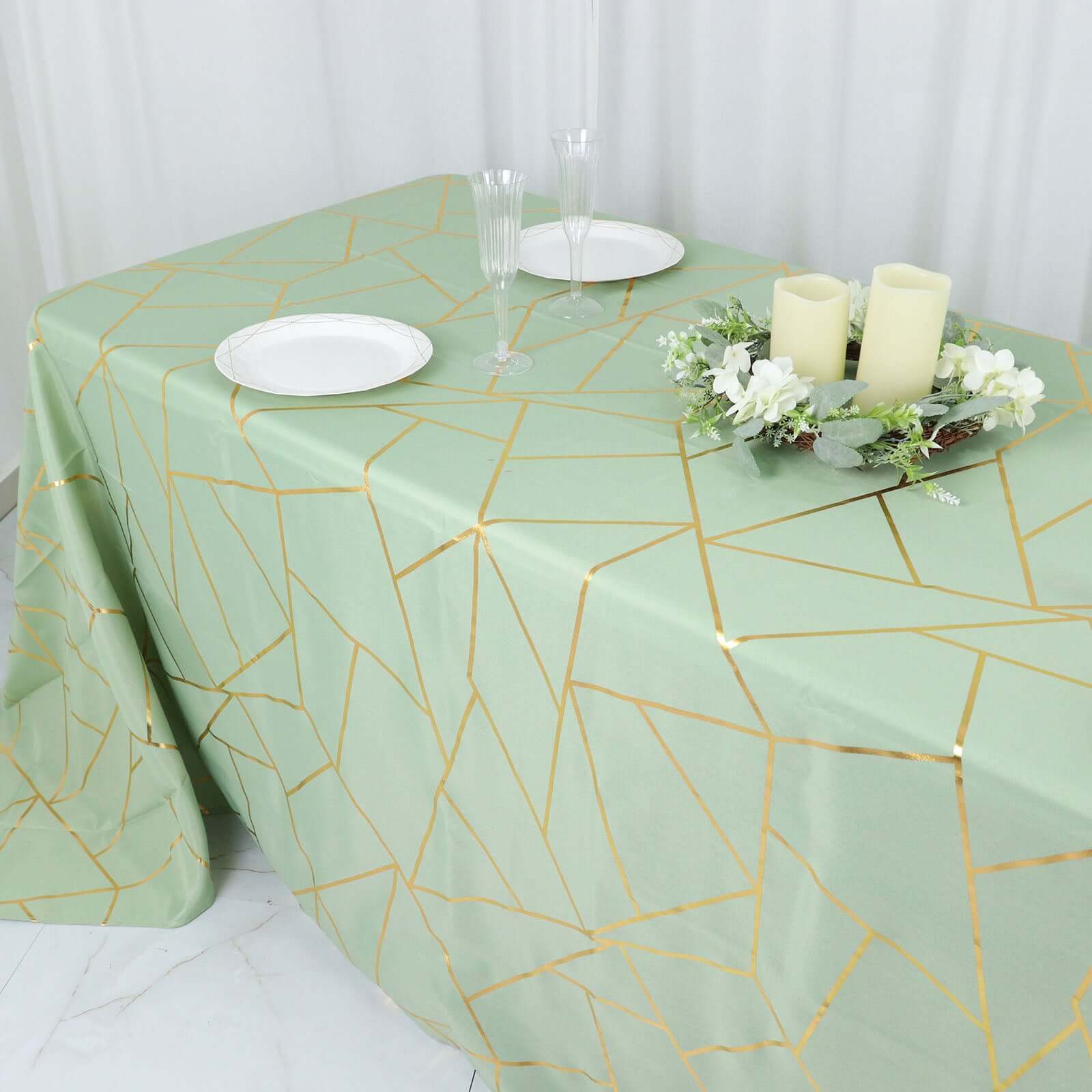 Polyester 90x132 Rectangle Tablecloth Sage Green with Gold Foil Geometric Pattern - Wrinkle-Resistant Seamless Table Cover