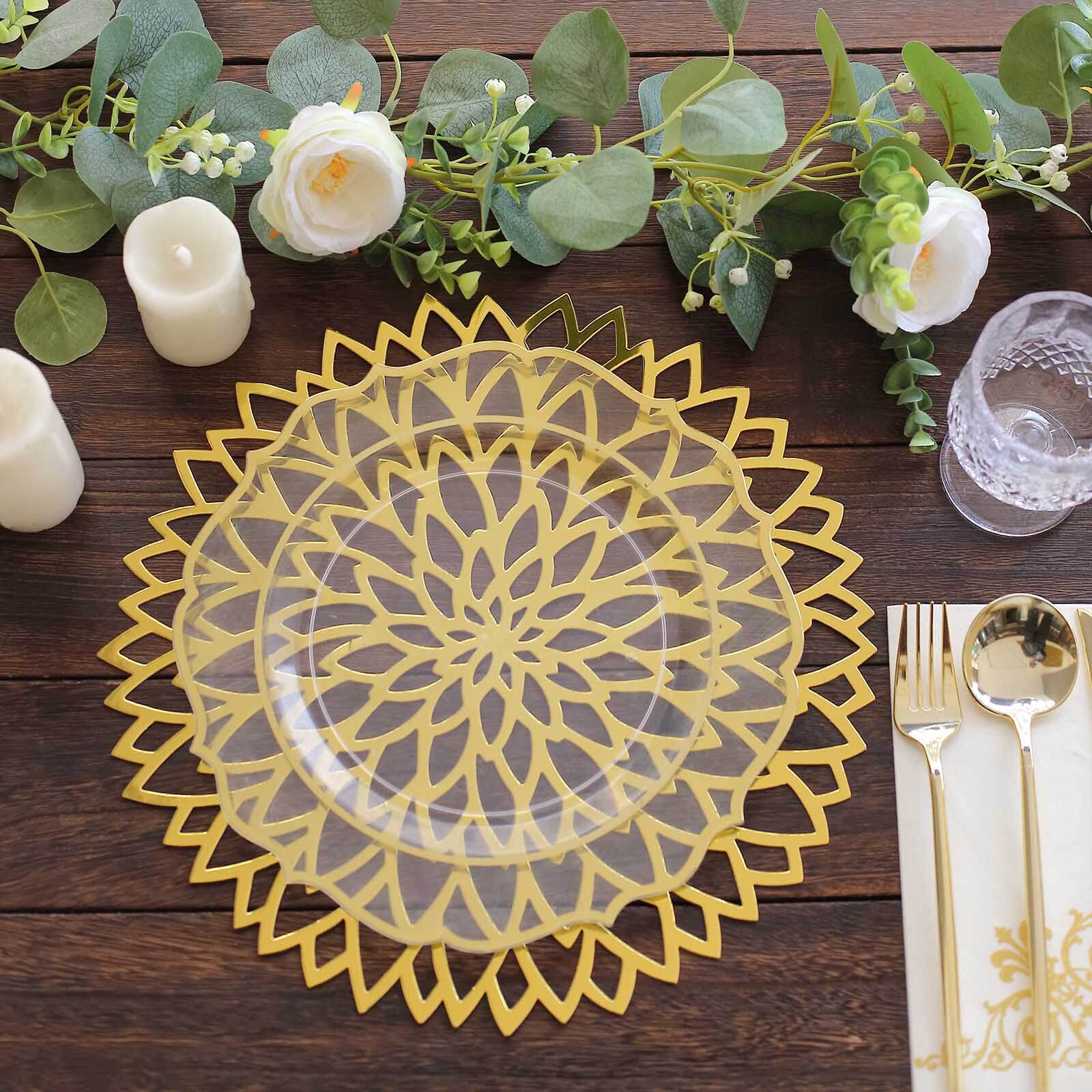 6-Pack Disposable Table Placemats in Metallic Gold with Laser Cut Hibiscus Flower Design - 400GSM Cardboard Placemats for Glamorous Table Decor 13