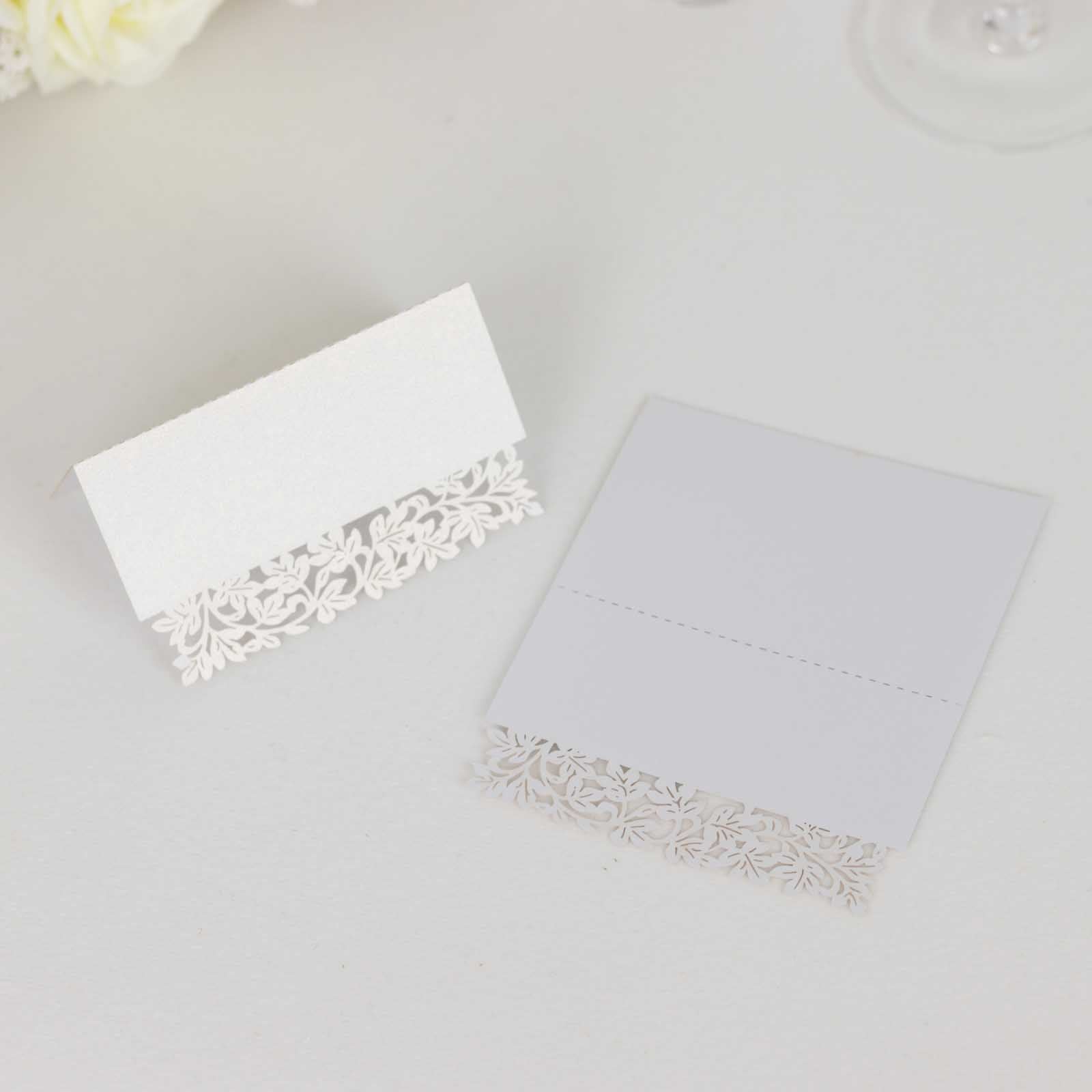 50-Pack Wedding Place Cards with Laser Cut Leaf Vine Design White - Printable Reservation Seating Tent Cards 210 GSM