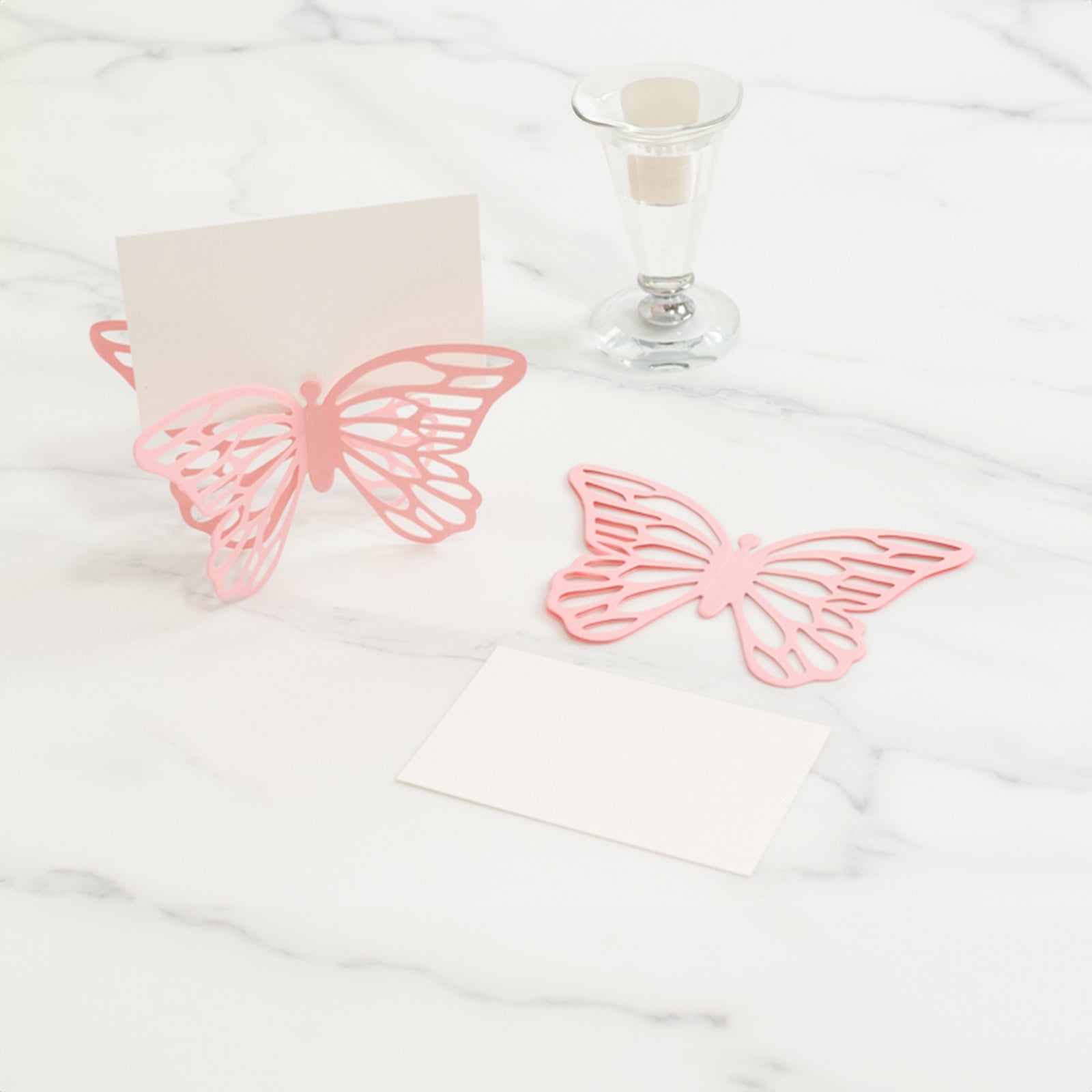 25-Pack Paper Butterfly Place Card Holders Pink with White Printable Cards - 3D Free Standing Table Number Stands 3x5