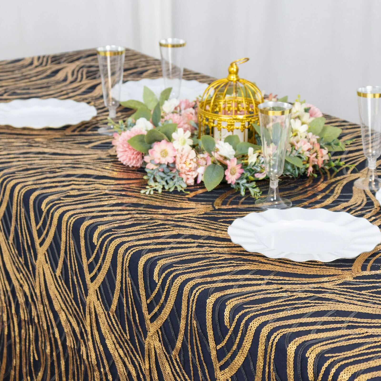 Mesh 90x156 Rectangle Tablecloth Black/Gold - Wave Sequin Embroidered Table Cover