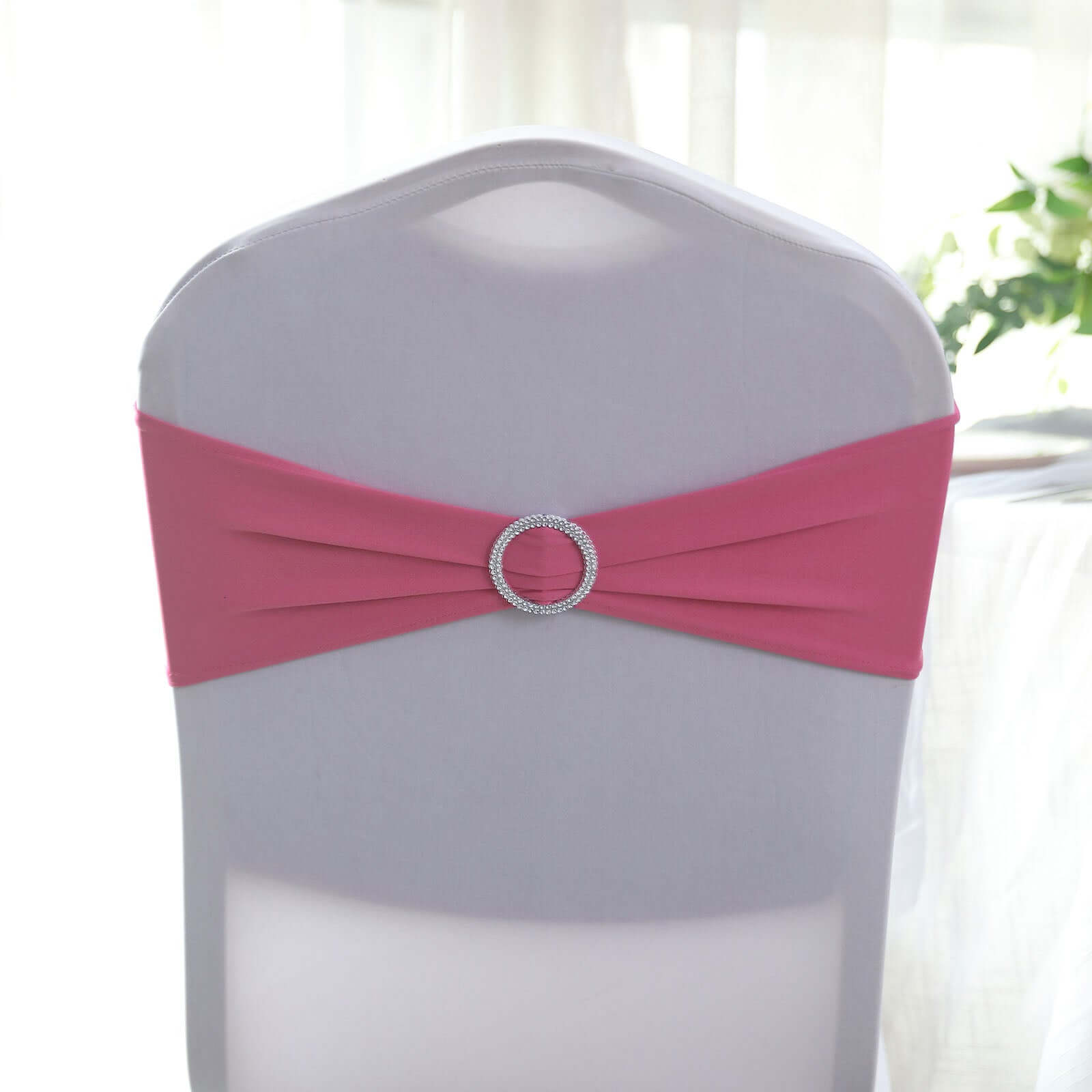 5 Pack Stretch Spandex Chair Sashes Fuchsia - Reusable Chair Bands with Silver Diamond Ring Slide Buckle 5x14