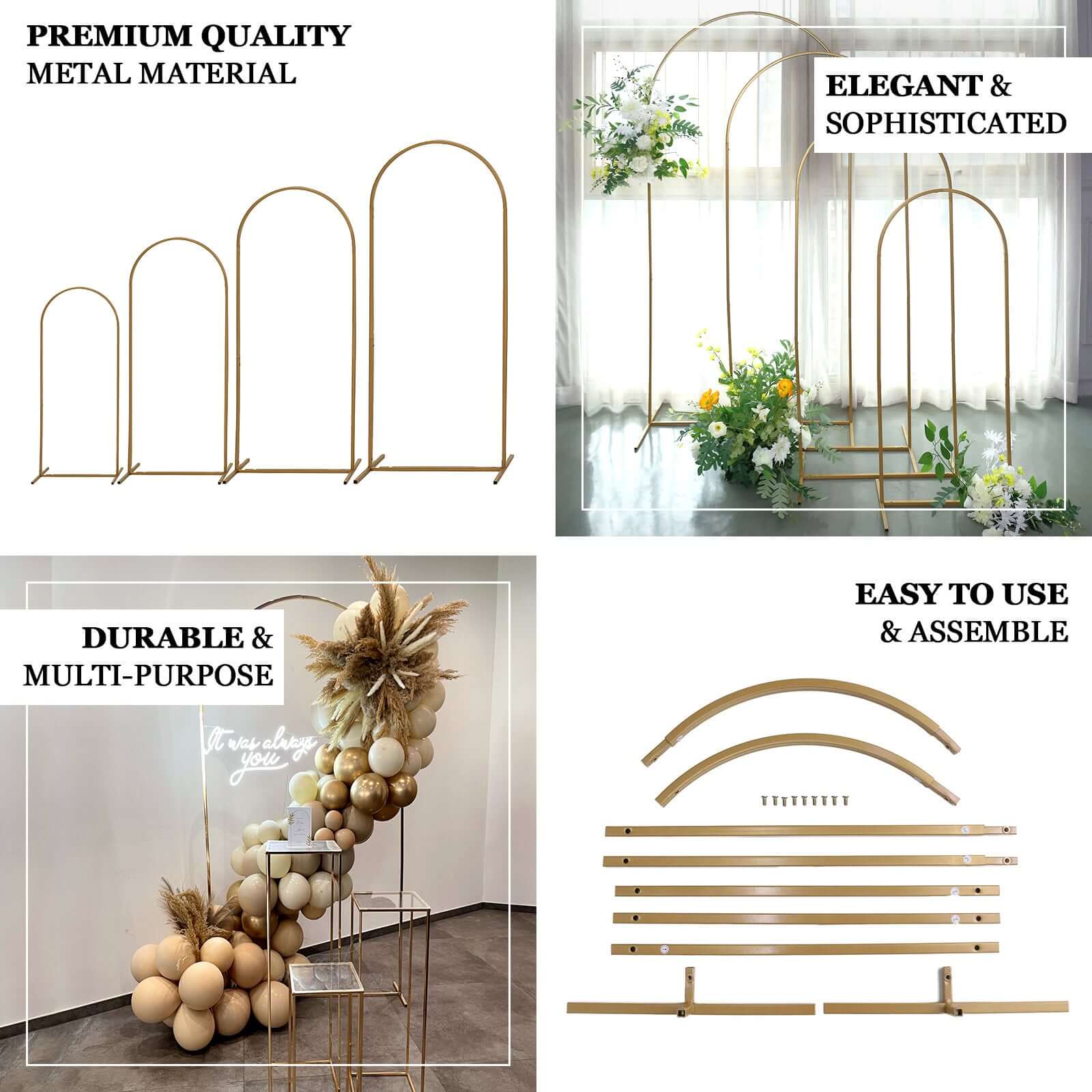 Set of 4 Gold Metal Wedding Arch Chiara Backdrop Stand Floral Display Frame With Round Top