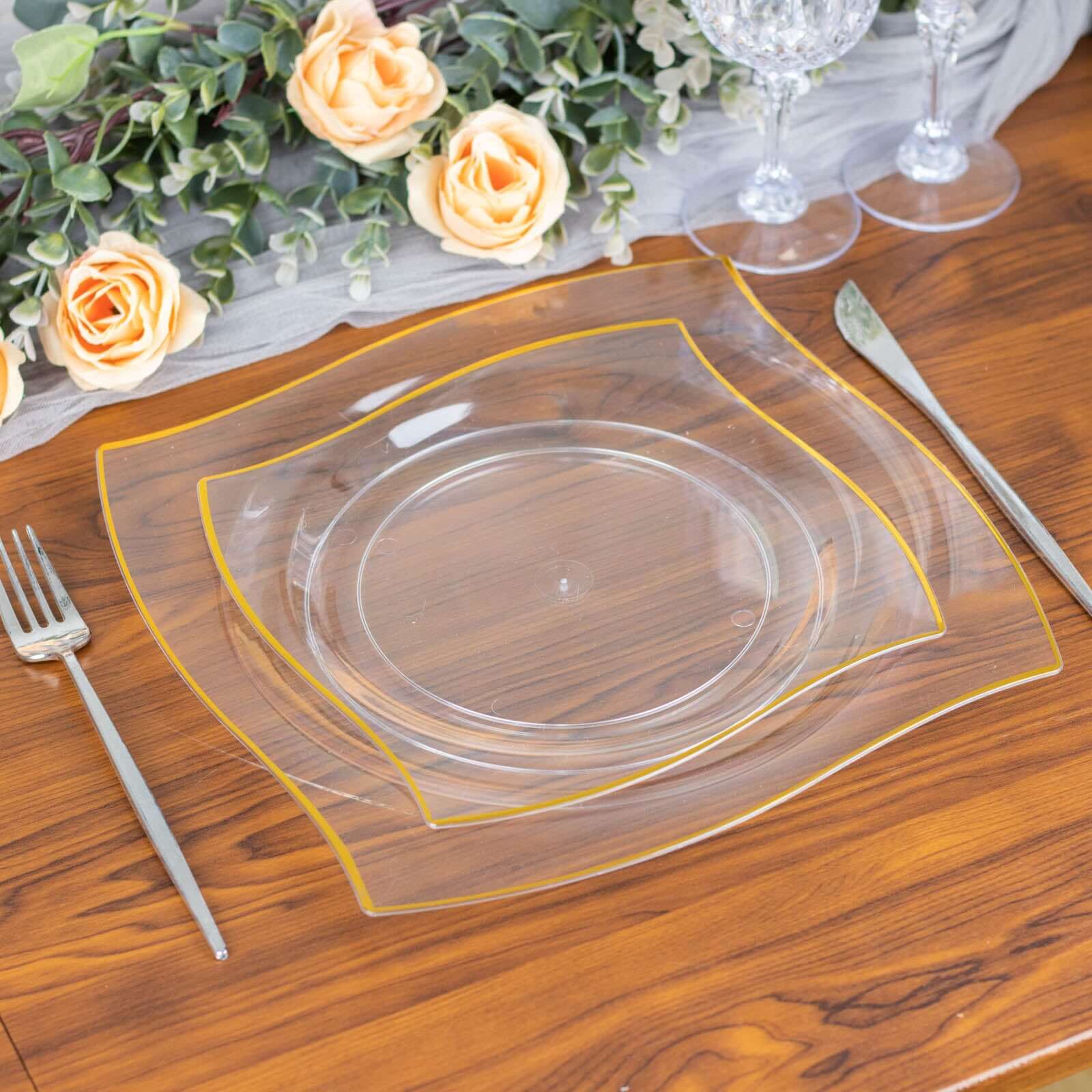 10-Pack Plastic 8 Square Dessert Plates in Clear with Gold Wavy Rim Modern - Disposable Salad Appetizer Party Plates