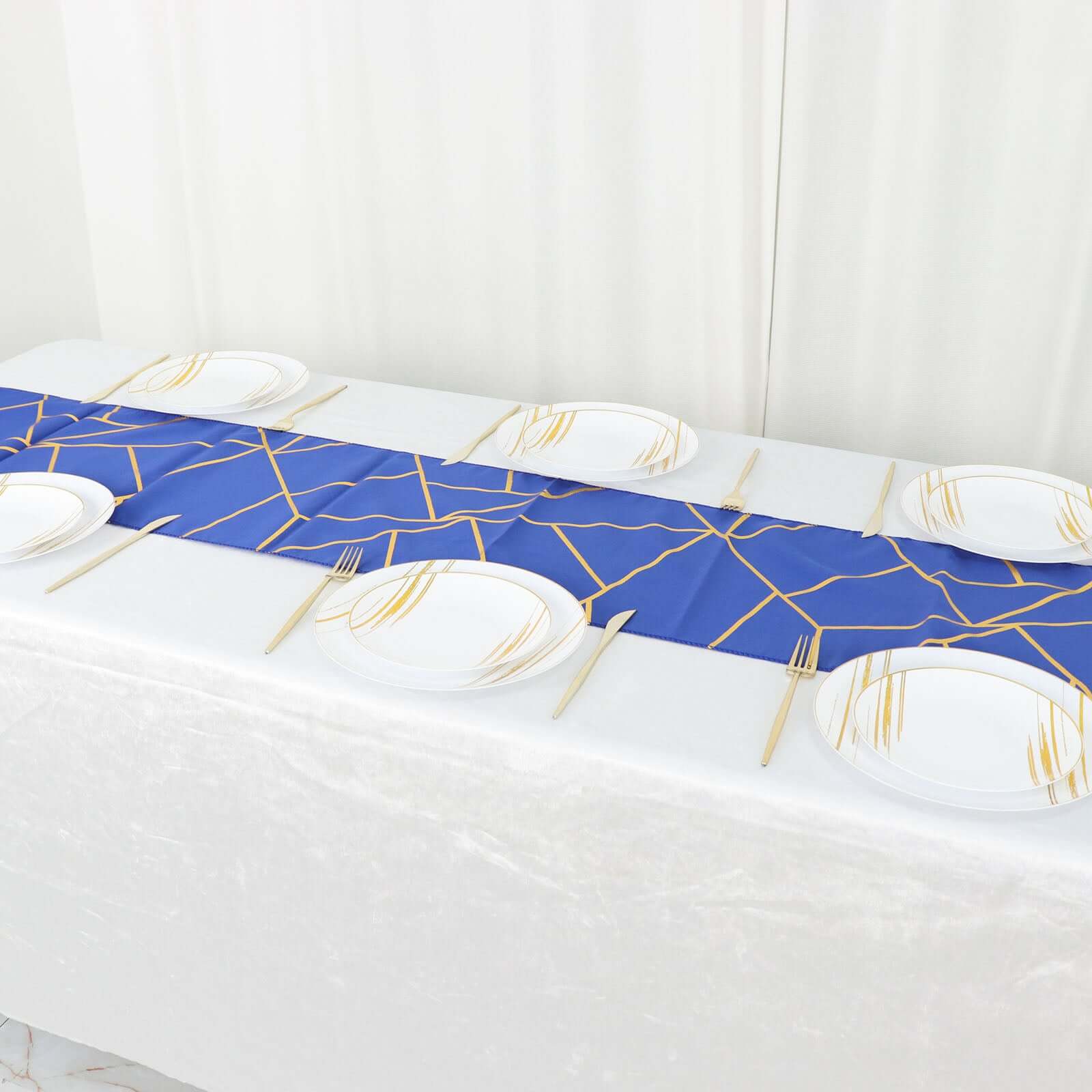 Polyester 9ft Table Runner Royal Blue with Gold Foil Modern Geometric Accent