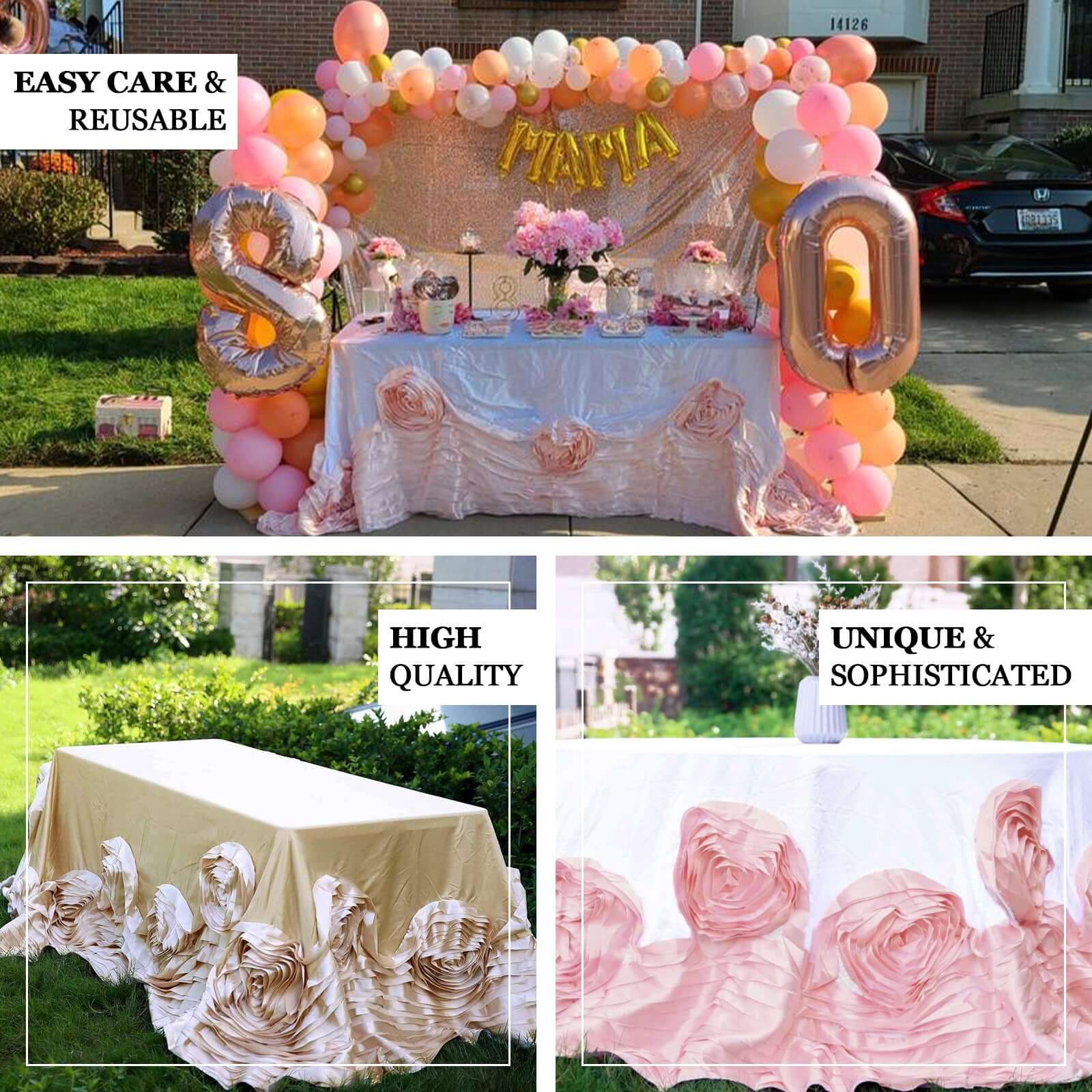 90x156 Blush Seamless Large Rosette Rectangular Satin Tablecloth for 8 Foot Table With Floor-Length Drop
