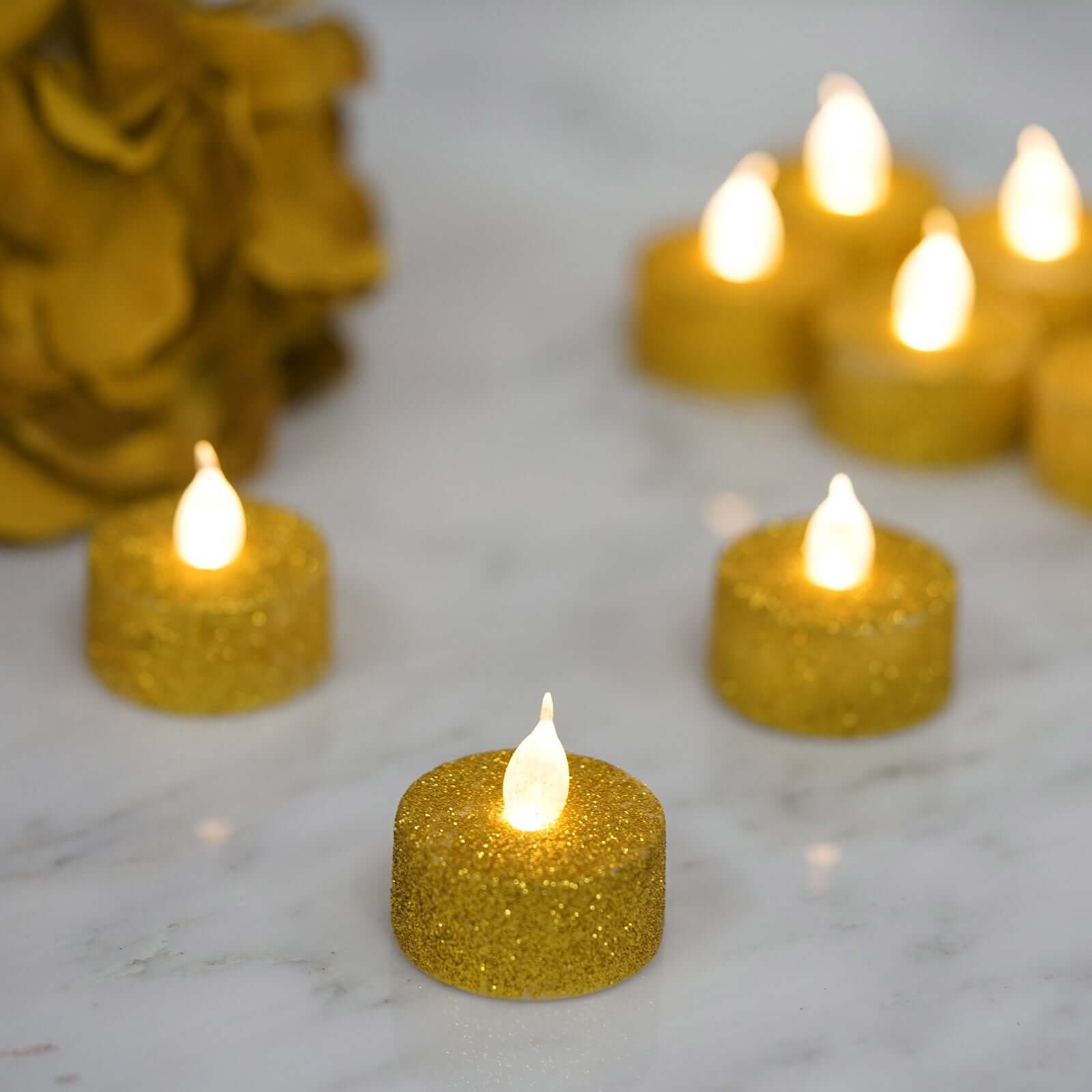 12-Pack LED Tealight Candles Glitter Gold Design - Flameless Battery Operated Tea Lights