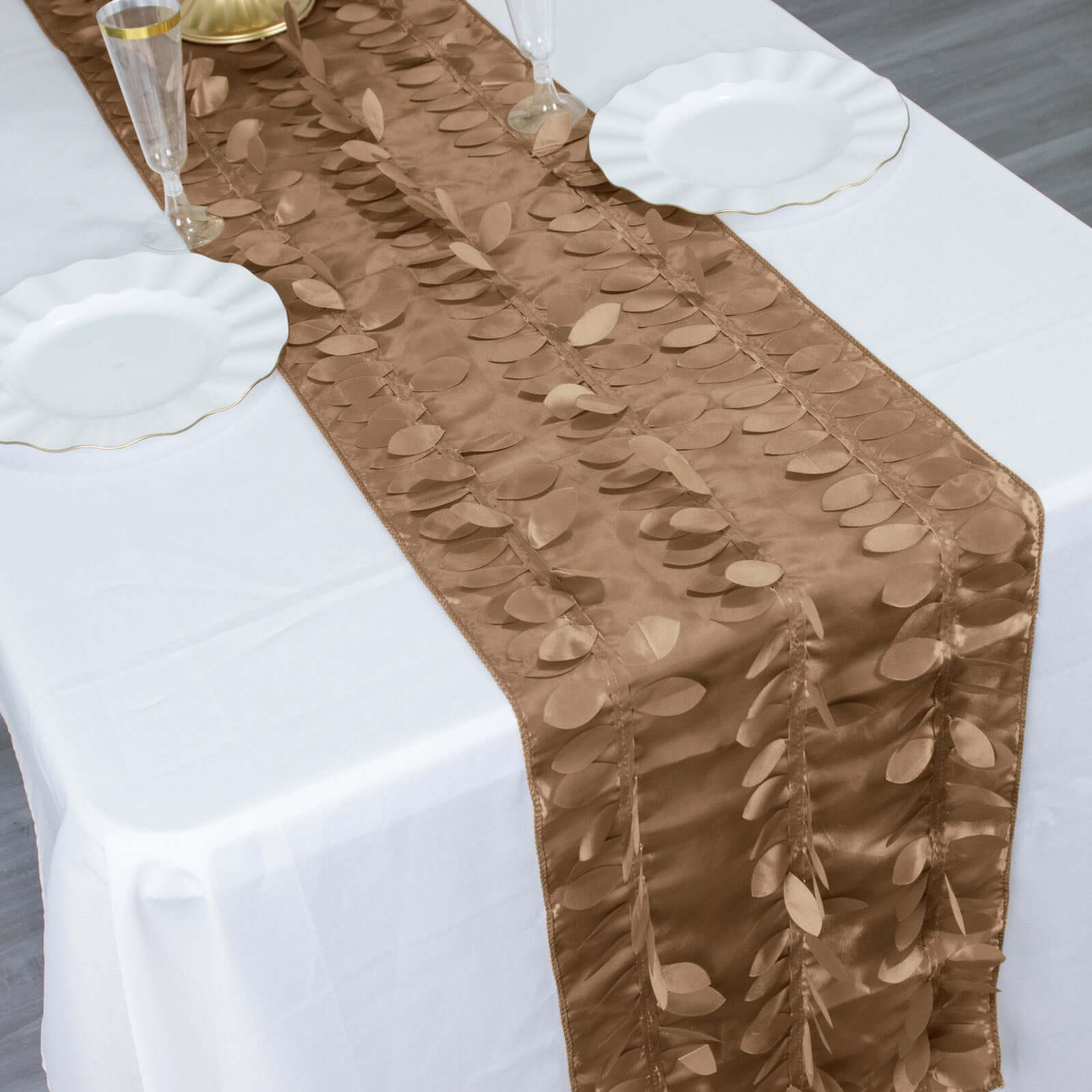 Taffeta Fabric 12x108 Table Runner Taupe - 3D Leaf Petal Design