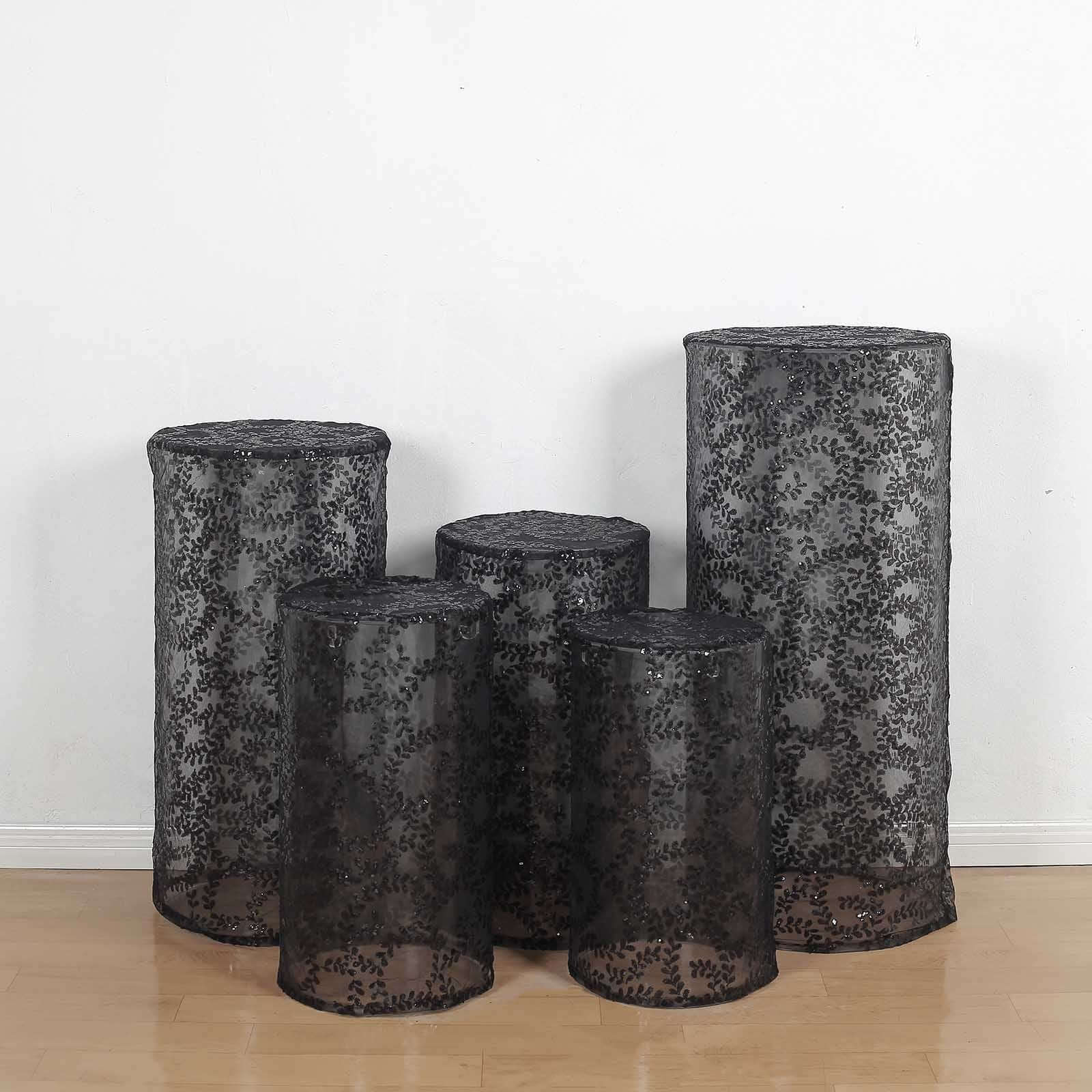 Set of 5 Black Sequin Mesh Cylinder Pedestal Stand Covers with Leaf Vine Embroidery, Sparkly Sheer Tulle Pillar Prop Covers